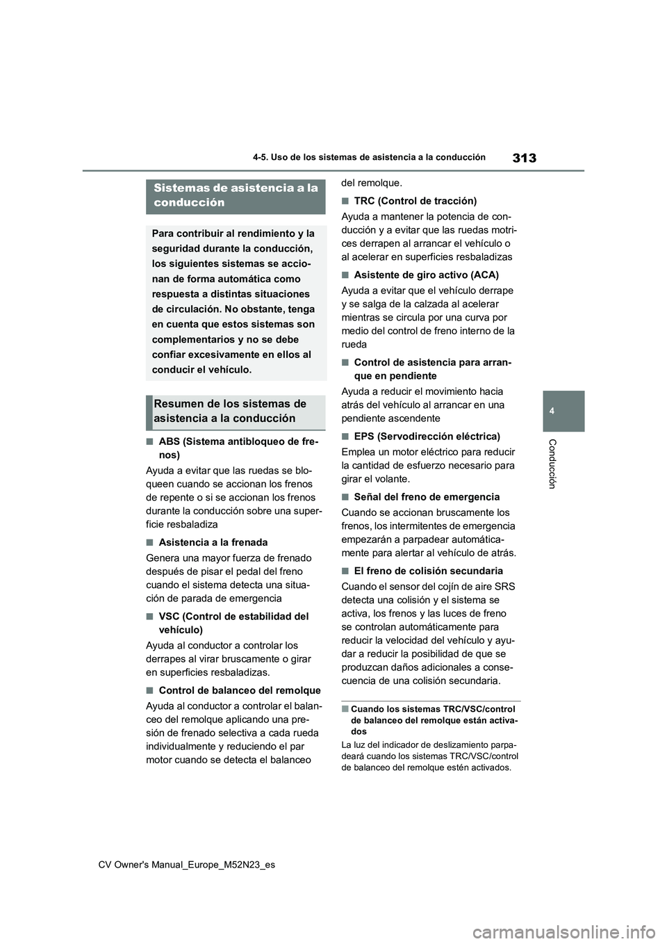 TOYOTA YARIS CROSS 2022 Manual del propietario (in Spanish) 313
4
CV Owner's Manual_Europe_M52N23_es
4-5. Uso de los sistemas de asistencia a la conducción
Conducción■ABS (Sistema antibloqueo de fre-
nos)
Ayuda a evitar que las ruedas se blo-
queen TOYOTA YARIS CROSS 2022 Manual del propietario (in Spanish) 313
4
CV Owner's Manual_Europe_M52N23_es
4-5. Uso de los sistemas de asistencia a la conducción
Conducción■ABS (Sistema antibloqueo de fre-
nos)
Ayuda a evitar que las ruedas se blo-
queen
