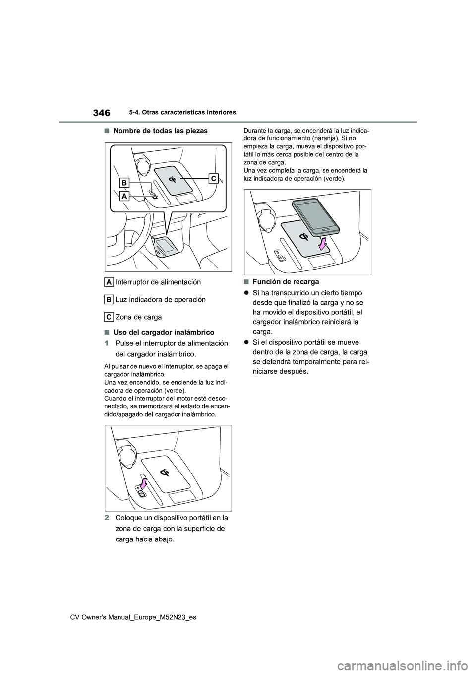 TOYOTA YARIS CROSS 2022 Manual del propietario (in Spanish) 346
CV Owner's Manual_Europe_M52N23_es
5-4. Otras características interiores
■Nombre de todas las piezas
Interruptor de alimentación
Luz indicadora de operación
Zona de carga
■Uso del car TOYOTA YARIS CROSS 2022 Manual del propietario (in Spanish) 346
CV Owner's Manual_Europe_M52N23_es
5-4. Otras características interiores
■Nombre de todas las piezas
Interruptor de alimentación
Luz indicadora de operación
Zona de carga
■Uso del car