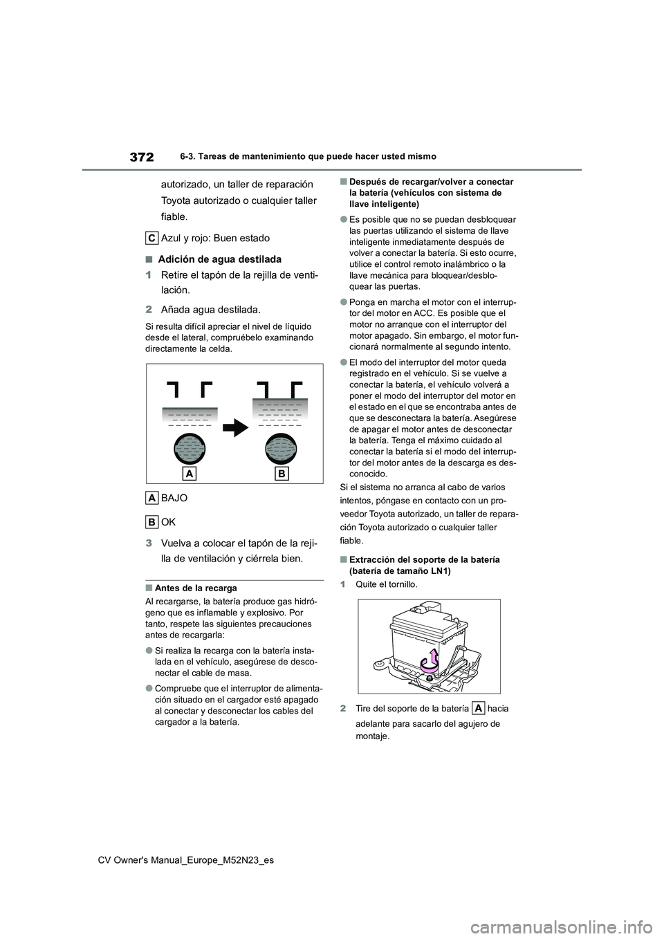 TOYOTA YARIS CROSS 2022 Manual del propietario (in Spanish) 372
CV Owner's Manual_Europe_M52N23_es
6-3. Tareas de mantenimiento que puede hacer usted mismo
autorizado, un taller de reparación
Toyota autorizado o cualquier taller
fiable.
Azul y rojo: B TOYOTA YARIS CROSS 2022 Manual del propietario (in Spanish) 372
CV Owner's Manual_Europe_M52N23_es
6-3. Tareas de mantenimiento que puede hacer usted mismo
autorizado, un taller de reparación
Toyota autorizado o cualquier taller
fiable.
Azul y rojo: B