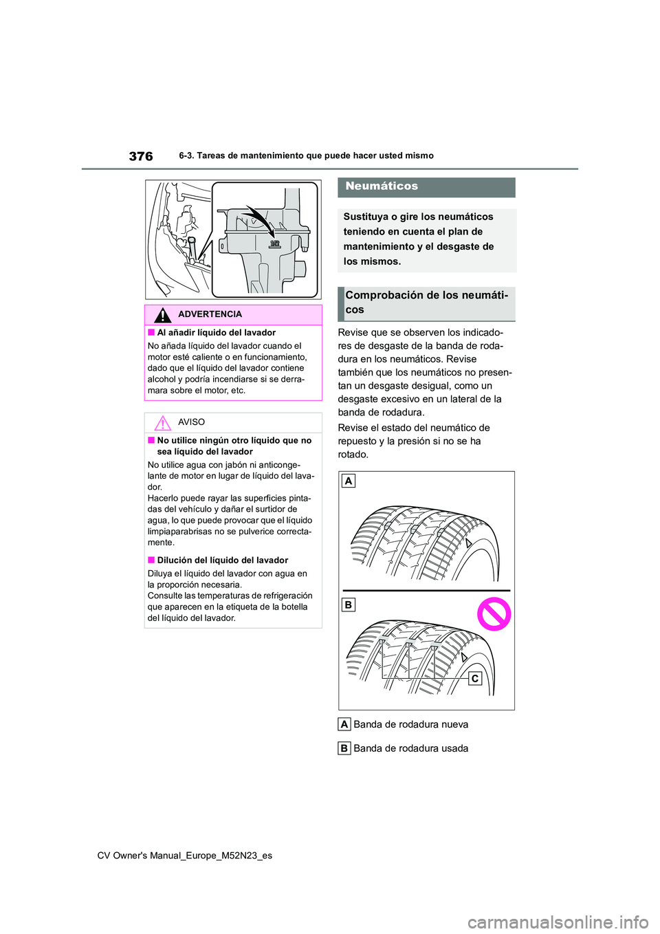 TOYOTA YARIS CROSS 2022 Manual del propietario (in Spanish) 376
CV Owner's Manual_Europe_M52N23_es
6-3. Tareas de mantenimiento que puede hacer usted mismo
Revise que se observen los indicado-
res de desgaste de la banda de roda-
dura en los neumáticos. TOYOTA YARIS CROSS 2022 Manual del propietario (in Spanish) 376
CV Owner's Manual_Europe_M52N23_es
6-3. Tareas de mantenimiento que puede hacer usted mismo
Revise que se observen los indicado-
res de desgaste de la banda de roda-
dura en los neumáticos.