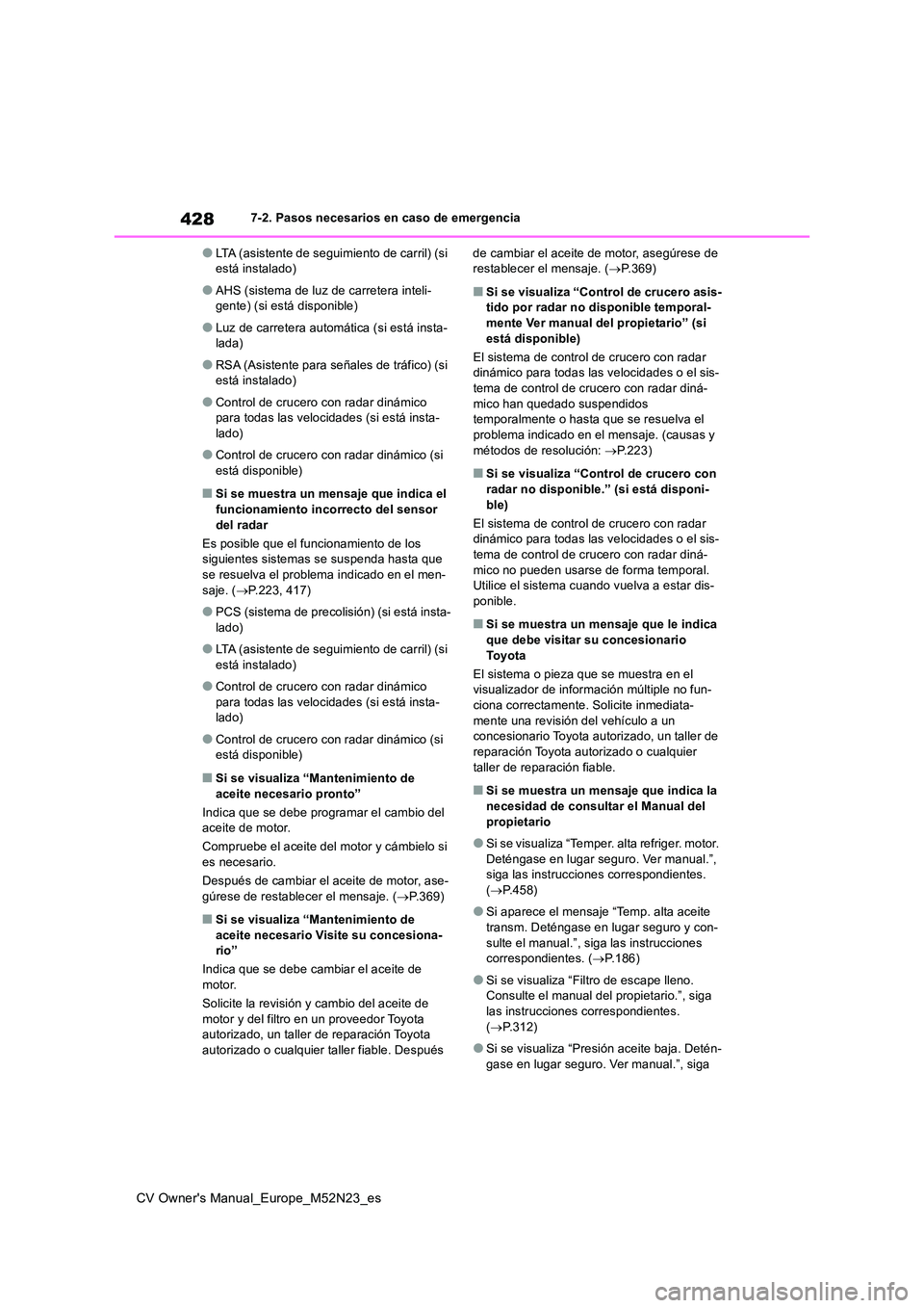 TOYOTA YARIS CROSS 2022  Manual del propietario (in Spanish) 428
CV Owner's Manual_Europe_M52N23_es
7-2. Pasos necesarios en caso de emergencia
●LTA (asistente de seguimiento de carril) (si  está instalado)
●AHS (sistema de luz de carretera inteli-gent