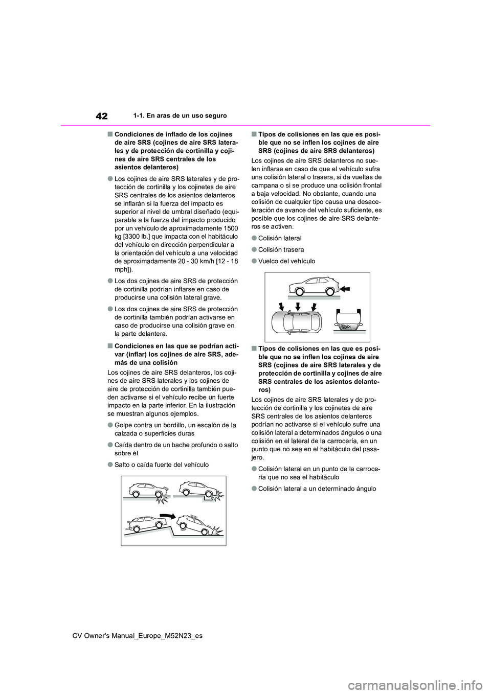 TOYOTA YARIS CROSS 2022 Manual del propietario (in Spanish) 42
CV Owner's Manual_Europe_M52N23_es
1-1. En aras de un uso seguro
■Condiciones de inflado de los cojines de aire SRS (cojines de aire SRS latera-les y de protección de cortinilla y coji-
ne TOYOTA YARIS CROSS 2022 Manual del propietario (in Spanish) 42
CV Owner's Manual_Europe_M52N23_es
1-1. En aras de un uso seguro
■Condiciones de inflado de los cojines de aire SRS (cojines de aire SRS latera-les y de protección de cortinilla y coji-
ne