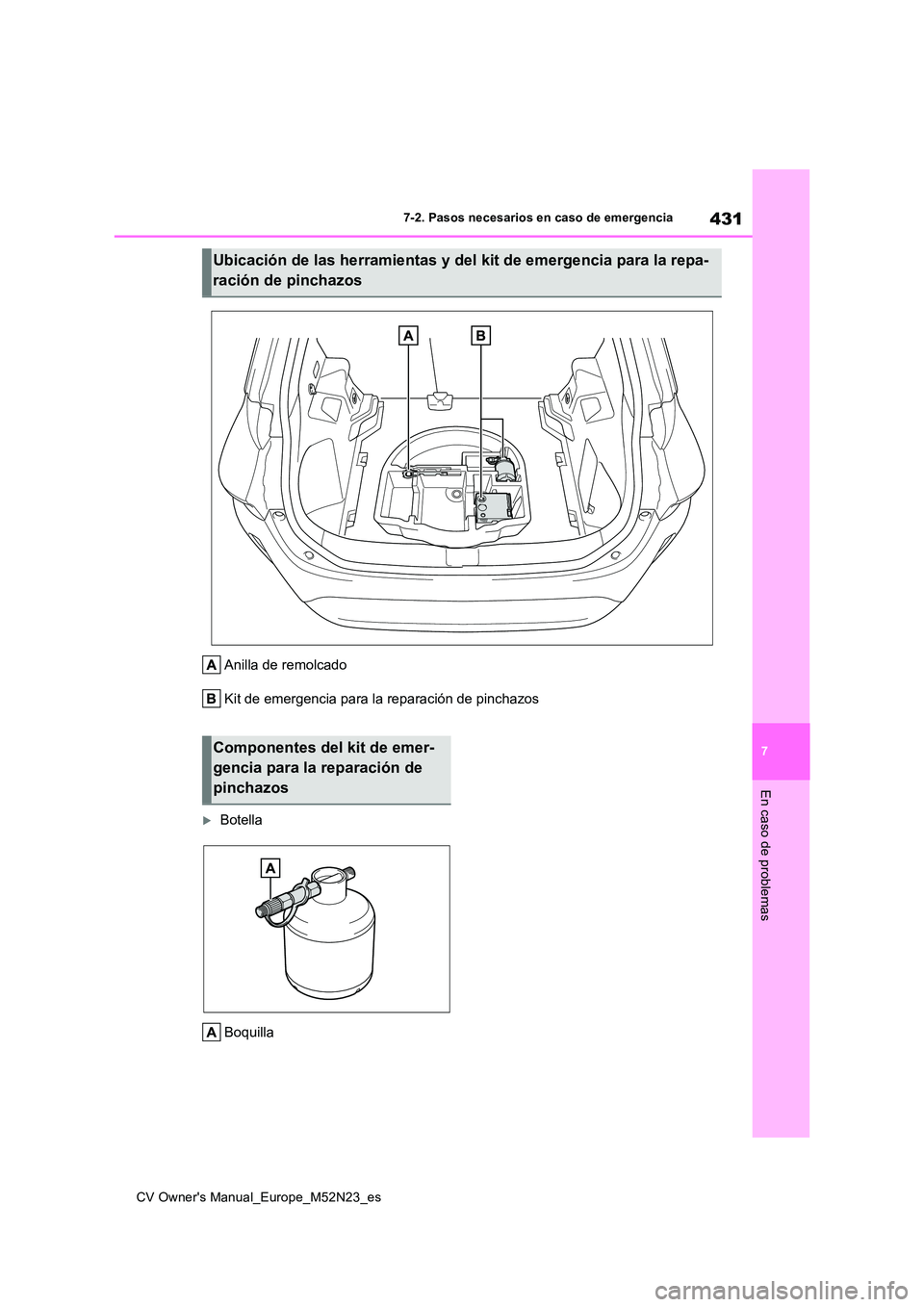 TOYOTA YARIS CROSS 2022 Manual del propietario (in Spanish) 431
7
CV Owner's Manual_Europe_M52N23_es
7-2. Pasos necesarios en caso de emergencia
En caso de problemas
Anilla de remolcado
Kit de emergencia para la reparación de pinchazos
Botella
Boquil TOYOTA YARIS CROSS 2022 Manual del propietario (in Spanish) 431
7
CV Owner's Manual_Europe_M52N23_es
7-2. Pasos necesarios en caso de emergencia
En caso de problemas
Anilla de remolcado
Kit de emergencia para la reparación de pinchazos
Botella
Boquil