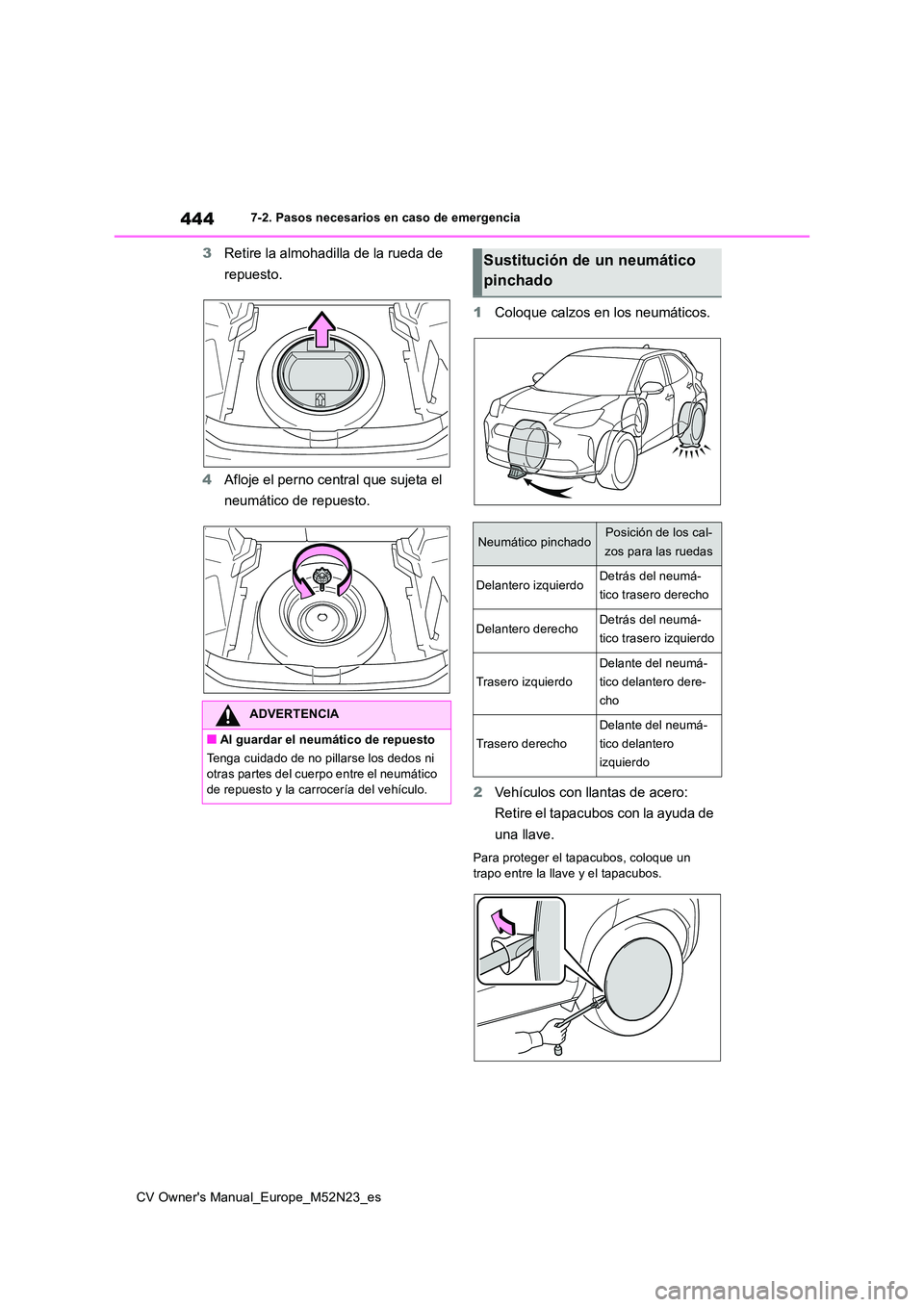TOYOTA YARIS CROSS 2022 Manual del propietario (in Spanish) 444
CV Owner's Manual_Europe_M52N23_es
7-2. Pasos necesarios en caso de emergencia
3Retire la almohadilla de la rueda de
repuesto.
4 Afloje el perno central que sujeta el
neumático de repues TOYOTA YARIS CROSS 2022 Manual del propietario (in Spanish) 444
CV Owner's Manual_Europe_M52N23_es
7-2. Pasos necesarios en caso de emergencia
3Retire la almohadilla de la rueda de
repuesto.
4 Afloje el perno central que sujeta el
neumático de repues