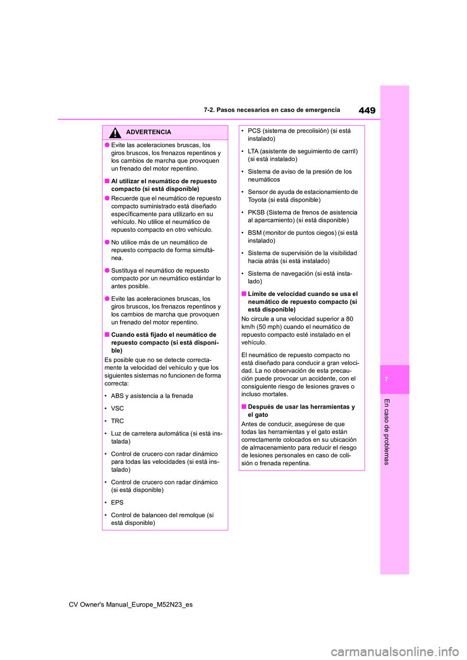 TOYOTA YARIS CROSS 2022 Manual del propietario (in Spanish) 449
7
CV Owner's Manual_Europe_M52N23_es
7-2. Pasos necesarios en caso de emergencia
En caso de problemas
ADVERTENCIA
●Evite las aceleraciones bruscas, los
giros bruscos, los frenazos repentin TOYOTA YARIS CROSS 2022 Manual del propietario (in Spanish) 449
7
CV Owner's Manual_Europe_M52N23_es
7-2. Pasos necesarios en caso de emergencia
En caso de problemas
ADVERTENCIA
●Evite las aceleraciones bruscas, los
giros bruscos, los frenazos repentin