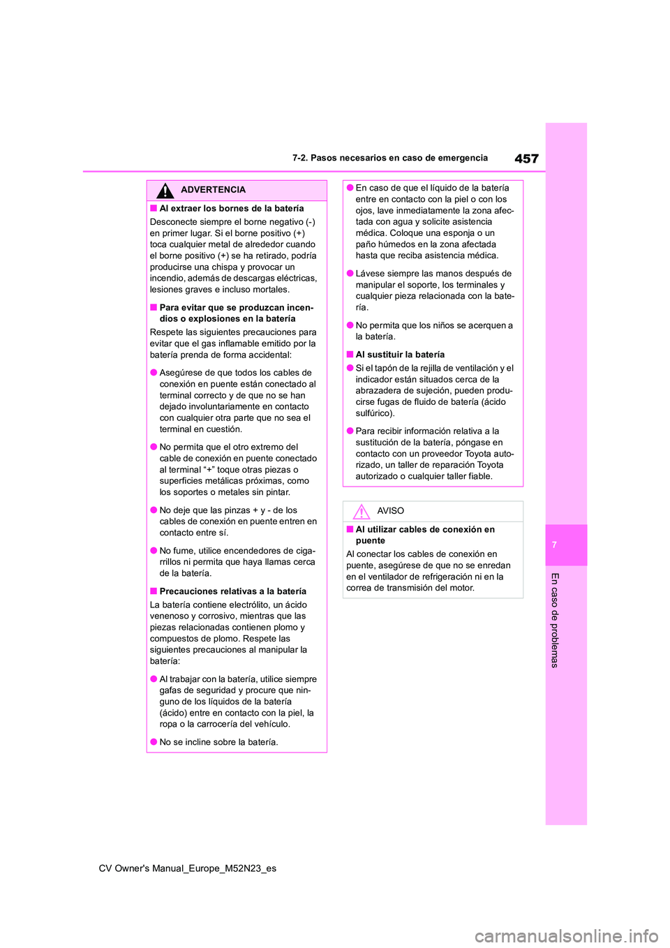 TOYOTA YARIS CROSS 2022 Manual del propietario (in Spanish) 457
7
CV Owner's Manual_Europe_M52N23_es
7-2. Pasos necesarios en caso de emergencia
En caso de problemas
ADVERTENCIA
■Al extraer los bornes de la batería
Desconecte siempre el borne negativo TOYOTA YARIS CROSS 2022 Manual del propietario (in Spanish) 457
7
CV Owner's Manual_Europe_M52N23_es
7-2. Pasos necesarios en caso de emergencia
En caso de problemas
ADVERTENCIA
■Al extraer los bornes de la batería
Desconecte siempre el borne negativo