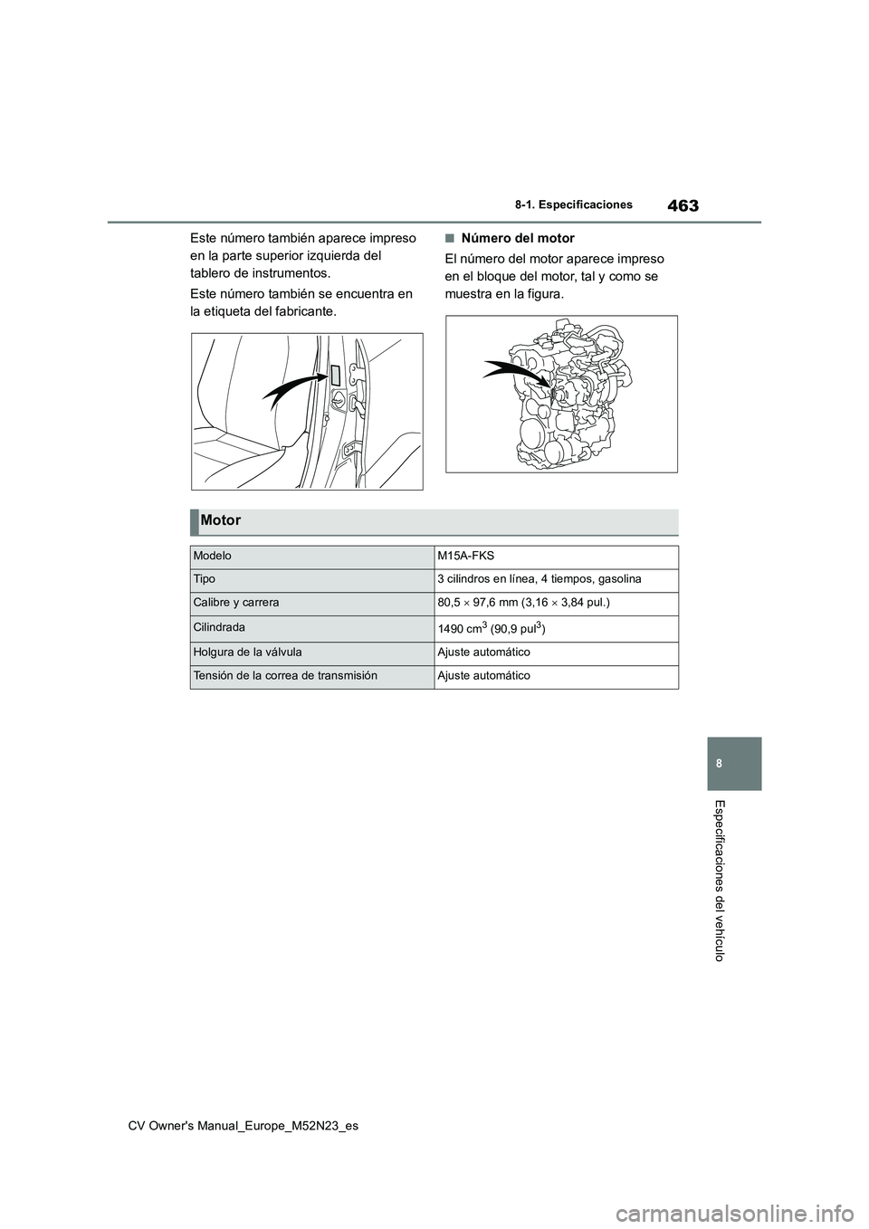 TOYOTA YARIS CROSS 2022 Manual del propietario (in Spanish) 463
8
CV Owner's Manual_Europe_M52N23_es
8-1. Especificaciones
Especificaciones del vehículo
Este número también aparece impreso
en la parte superior izquierda del
tablero de instrumentos.
TOYOTA YARIS CROSS 2022 Manual del propietario (in Spanish) 463
8
CV Owner's Manual_Europe_M52N23_es
8-1. Especificaciones
Especificaciones del vehículo
Este número también aparece impreso
en la parte superior izquierda del
tablero de instrumentos.