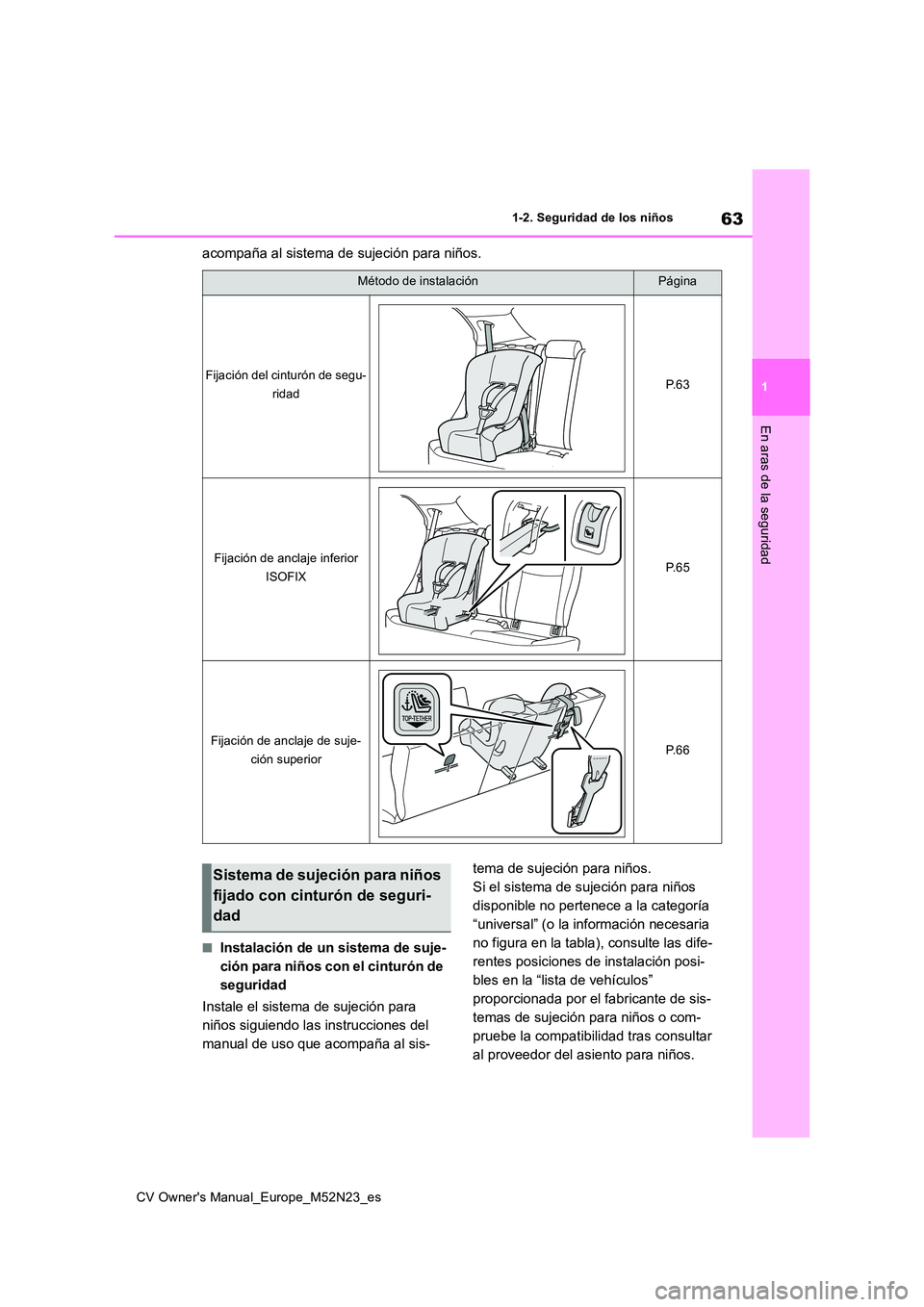 TOYOTA YARIS CROSS 2022 Manual del propietario (in Spanish) 63
1
CV Owner's Manual_Europe_M52N23_es
1-2. Seguridad de los niños
En aras de la seguridad
acompaña al sistema de sujeción para niños.
■Instalación de un sistema de suje-
ción para niño TOYOTA YARIS CROSS 2022 Manual del propietario (in Spanish) 63
1
CV Owner's Manual_Europe_M52N23_es
1-2. Seguridad de los niños
En aras de la seguridad
acompaña al sistema de sujeción para niños.
■Instalación de un sistema de suje-
ción para niño