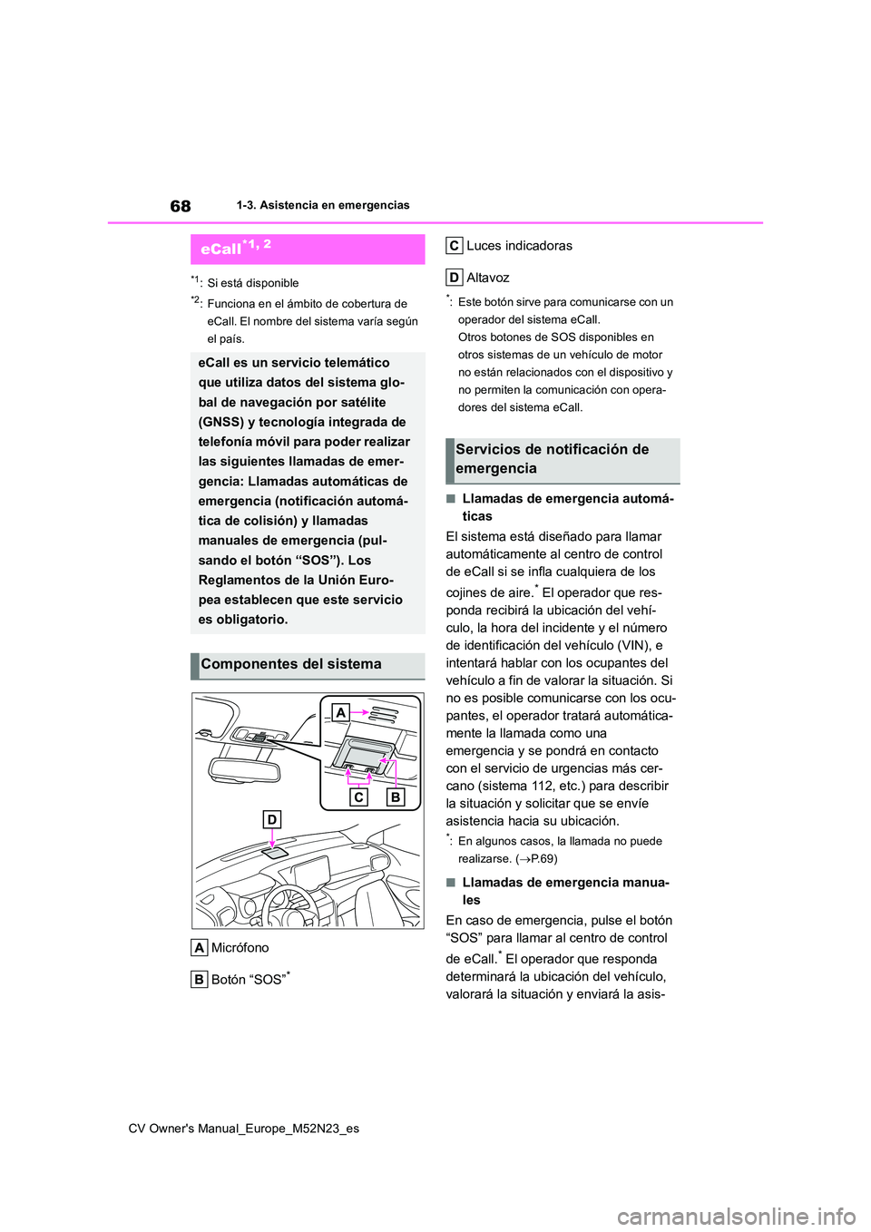 TOYOTA YARIS CROSS 2022 Manual del propietario (in Spanish) 68
CV Owner's Manual_Europe_M52N23_es
1-3. Asistencia en emergencias
1-3.Asistencia en emergenc ias
*1: Si está disponible
*2: Funciona en el ámbito de cobertura de
eCall. El nombre del sistem TOYOTA YARIS CROSS 2022 Manual del propietario (in Spanish) 68
CV Owner's Manual_Europe_M52N23_es
1-3. Asistencia en emergencias
1-3.Asistencia en emergenc ias
*1: Si está disponible
*2: Funciona en el ámbito de cobertura de
eCall. El nombre del sistem