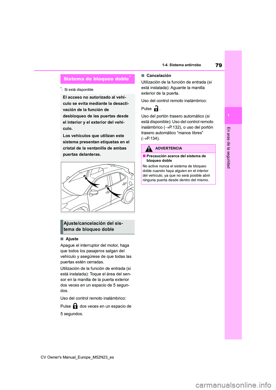 TOYOTA YARIS CROSS 2022 Manual del propietario (in Spanish) 79
1
CV Owner's Manual_Europe_M52N23_es
1-4. Sistema antirrobo
En aras de la seguridad
*: Si está disponible
■Ajuste
Apague el interruptor del motor, haga
que todos los pasajeros salgan del TOYOTA YARIS CROSS 2022 Manual del propietario (in Spanish) 79
1
CV Owner's Manual_Europe_M52N23_es
1-4. Sistema antirrobo
En aras de la seguridad
*: Si está disponible
■Ajuste
Apague el interruptor del motor, haga
que todos los pasajeros salgan del