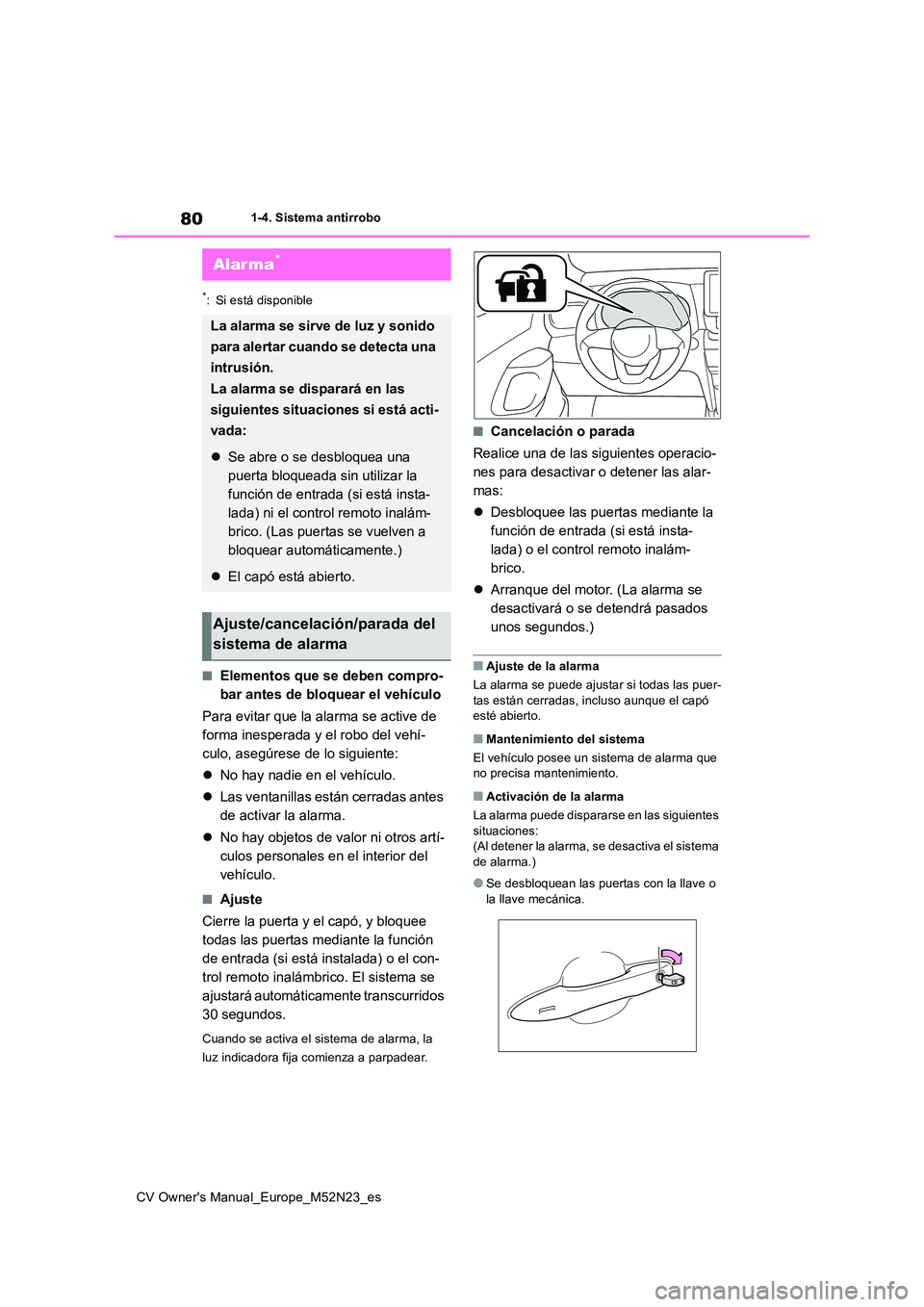 TOYOTA YARIS CROSS 2022 Manual del propietario (in Spanish) 80
CV Owner's Manual_Europe_M52N23_es
1-4. Sistema antirrobo
*: Si está disponible
■Elementos que se deben compro-
bar antes de bloquear el vehículo
Para evitar que la alarma se active de
TOYOTA YARIS CROSS 2022 Manual del propietario (in Spanish) 80
CV Owner's Manual_Europe_M52N23_es
1-4. Sistema antirrobo
*: Si está disponible
■Elementos que se deben compro-
bar antes de bloquear el vehículo
Para evitar que la alarma se active de
