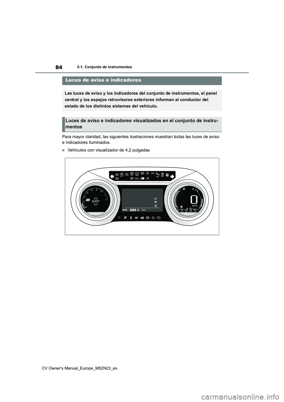 TOYOTA YARIS CROSS 2022 Manual del propietario (in Spanish) 84
CV Owner's Manual_Europe_M52N23_es
2-1. Conjunto de instrumentos
2-1.Conjunto de ins trumentos
Para mayor claridad, las siguientes ilustraciones muestran todas las luces de aviso
e indicadore TOYOTA YARIS CROSS 2022 Manual del propietario (in Spanish) 84
CV Owner's Manual_Europe_M52N23_es
2-1. Conjunto de instrumentos
2-1.Conjunto de ins trumentos
Para mayor claridad, las siguientes ilustraciones muestran todas las luces de aviso
e indicadore