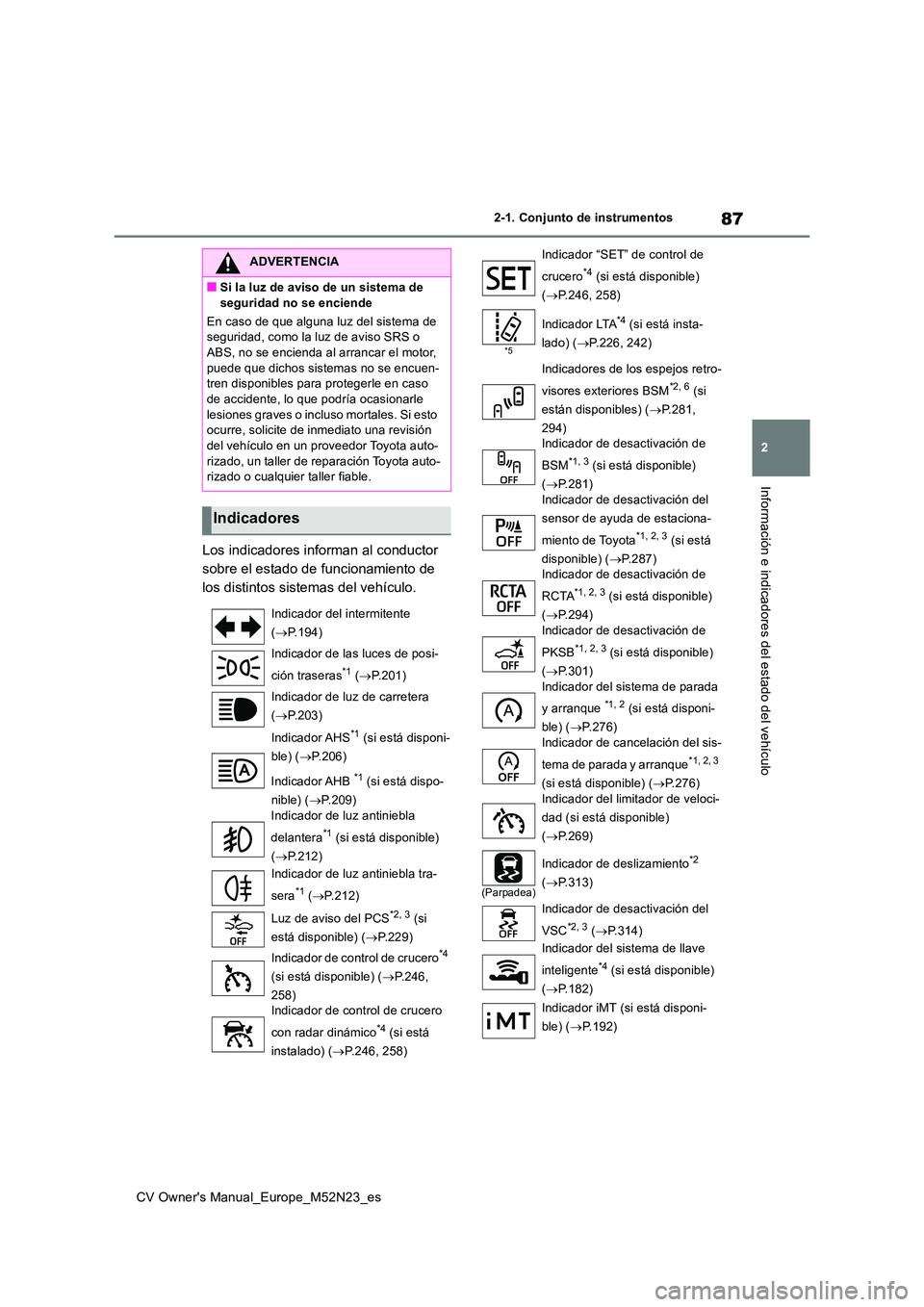 TOYOTA YARIS CROSS 2022 Manual del propietario (in Spanish) 87
2
CV Owner's Manual_Europe_M52N23_es
2-1. Conjunto de instrumentos
Información e indicadores del estado del vehículo
Los indicadores informan al conductor
sobre el estado de funcionamiento TOYOTA YARIS CROSS 2022 Manual del propietario (in Spanish) 87
2
CV Owner's Manual_Europe_M52N23_es
2-1. Conjunto de instrumentos
Información e indicadores del estado del vehículo
Los indicadores informan al conductor
sobre el estado de funcionamiento