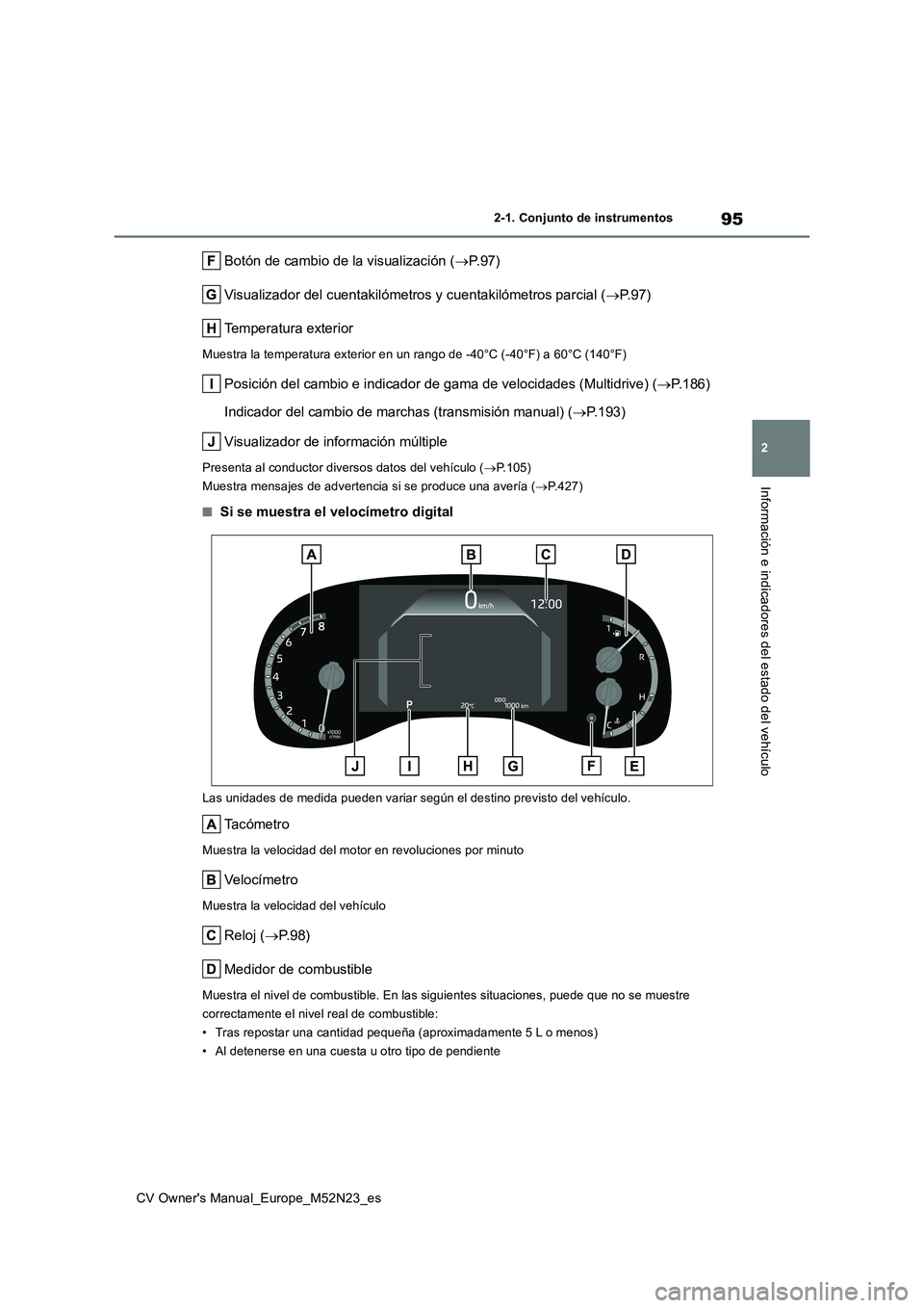 TOYOTA YARIS CROSS 2022 Manual del propietario (in Spanish) 95
2
CV Owner's Manual_Europe_M52N23_es
2-1. Conjunto de instrumentos
Información e indicadores del estado del vehículo
Botón de cambio de la visualización (P.97)
Visualizador del cuentaki TOYOTA YARIS CROSS 2022 Manual del propietario (in Spanish) 95
2
CV Owner's Manual_Europe_M52N23_es
2-1. Conjunto de instrumentos
Información e indicadores del estado del vehículo
Botón de cambio de la visualización (P.97)
Visualizador del cuentaki