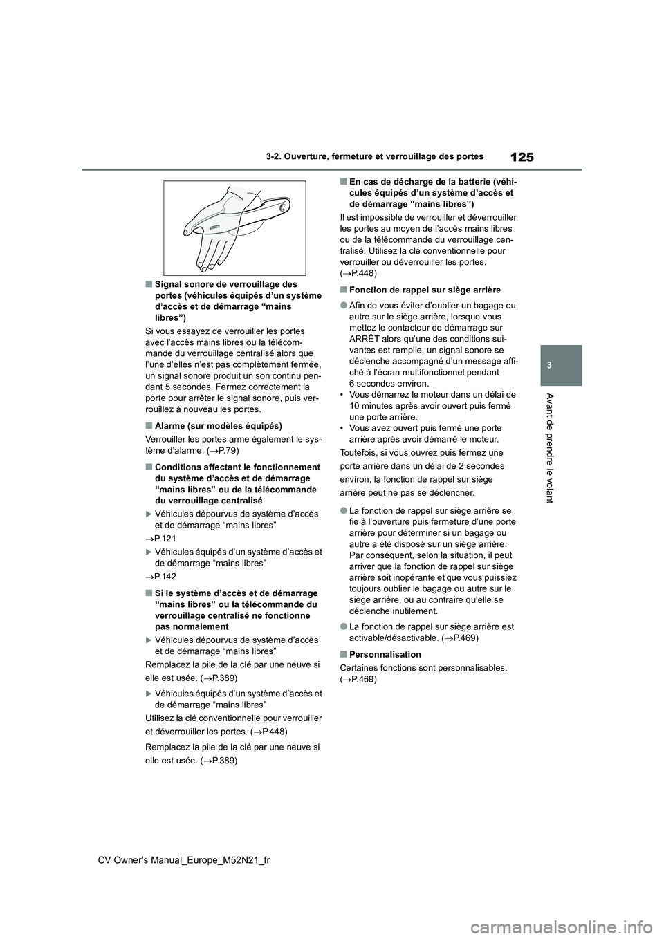 TOYOTA YARIS CROSS 2022  Manuel du propriétaire (in French) 125
3
CV Owner's Manual_Europe_M52N21_fr
3-2. Ouverture, fermeture et verrouillage des portes
Avant de prendre le volant
■Signal sonore de verrouillage des  portes (véhicules équipés d’un s
