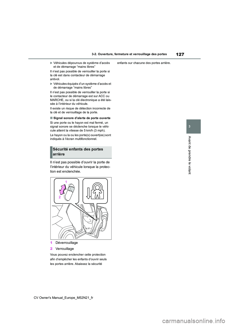 TOYOTA YARIS CROSS 2022  Manuel du propriétaire (in French) 127
3
CV Owner's Manual_Europe_M52N21_fr
3-2. Ouverture, fermeture et verrouillage des portes
Avant de prendre le volant
Véhicules dépourvus de système d’accès  et de démarrage “mains 