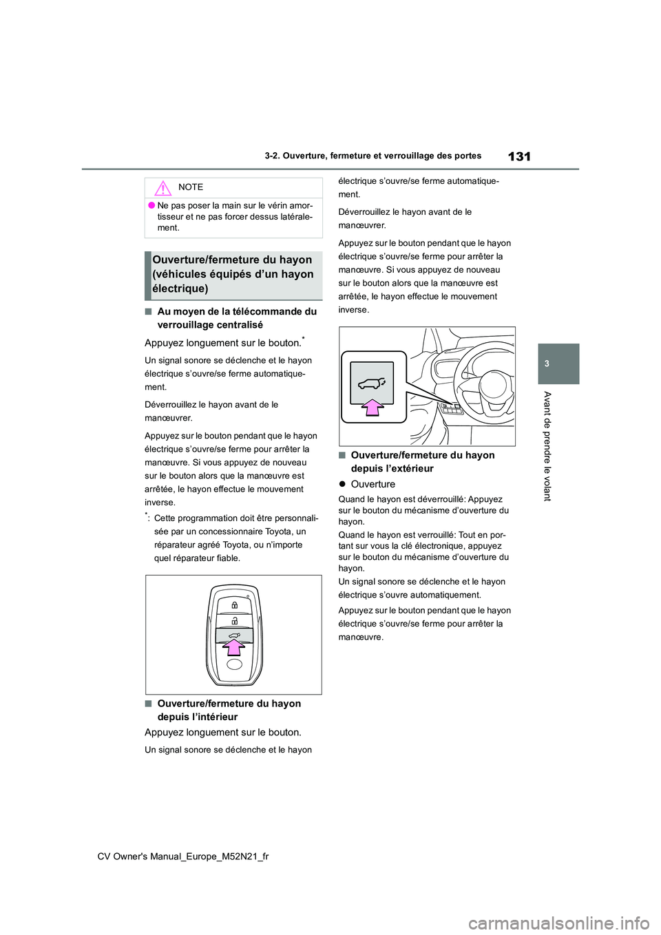 TOYOTA YARIS CROSS 2022 Manuel du propriétaire (in French) 131
3
CV Owner's Manual_Europe_M52N21_fr
3-2. Ouverture, fermeture et verrouillage des portes
Avant de prendre le volant
■Au moyen de la télécommande du
verrouillage centralisé
Appuyez lon TOYOTA YARIS CROSS 2022 Manuel du propriétaire (in French) 131
3
CV Owner's Manual_Europe_M52N21_fr
3-2. Ouverture, fermeture et verrouillage des portes
Avant de prendre le volant
■Au moyen de la télécommande du
verrouillage centralisé
Appuyez lon
