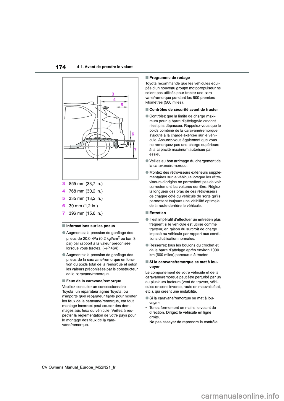 TOYOTA YARIS CROSS 2022  Manuel du propriétaire (in French) 174
CV Owner's Manual_Europe_M52N21_fr
4-1. Avant de prendre le volant
3855 mm (33,7 in.) 
4 768 mm (30,2 in.) 
5 335 mm (13,2 in.) 
6 30 mm (1,2 in.) 
7 396 mm (15,6 in.)
■Informations sur les 