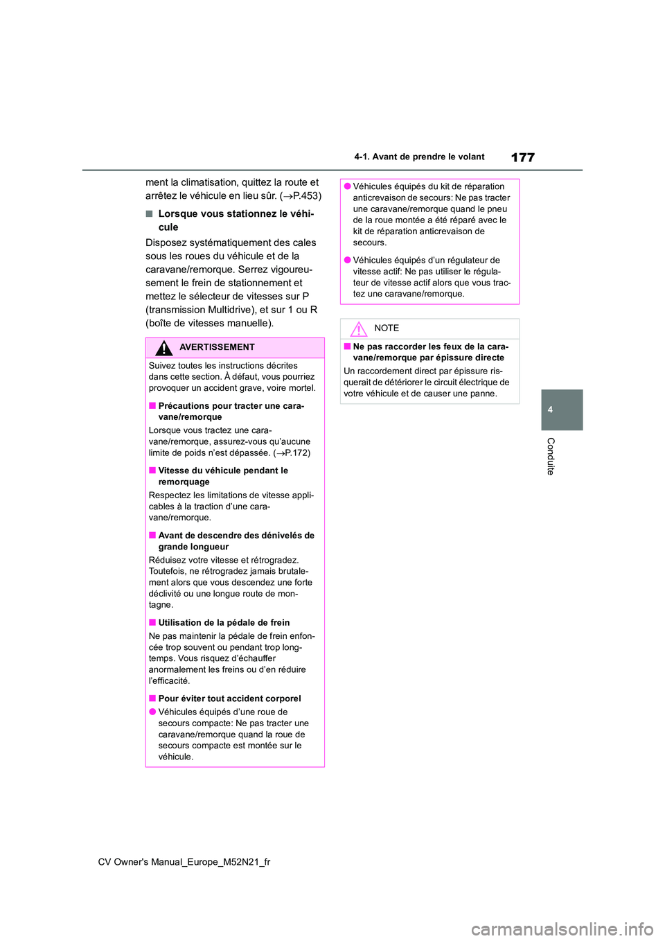 TOYOTA YARIS CROSS 2022  Manuel du propriétaire (in French) 177
4
CV Owner's Manual_Europe_M52N21_fr
4-1. Avant de prendre le volant
Conduite
ment la climatisation, quittez la route et  
arrêtez le véhicule en lieu sûr. ( P.453)
■Lorsque vous stati