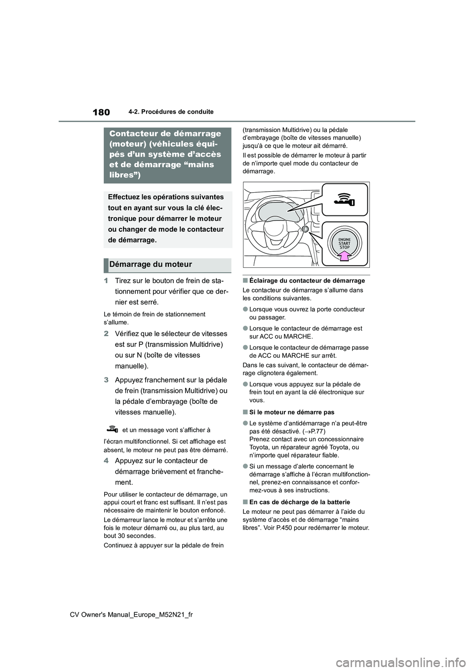 TOYOTA YARIS CROSS 2022  Manuel du propriétaire (in French) 180
CV Owner's Manual_Europe_M52N21_fr
4-2. Procédures de conduite
1Tirez sur le bouton de frein de sta- 
tionnement pour vérifier que ce der- 
nier est serré.
Le témoin de frein de stationnem