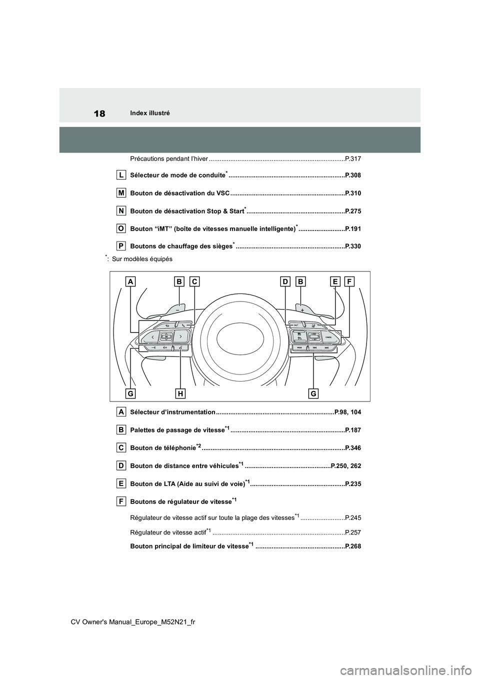 TOYOTA YARIS CROSS 2022 Manuel du propriétaire (in French) 18
CV Owner's Manual_Europe_M52N21_fr
Index illustré
Précautions pendant l’hiver .................................... ........................................P.317
Sélecteur de mode de cond TOYOTA YARIS CROSS 2022 Manuel du propriétaire (in French) 18
CV Owner's Manual_Europe_M52N21_fr
Index illustré
Précautions pendant l’hiver .................................... ........................................P.317
Sélecteur de mode de cond