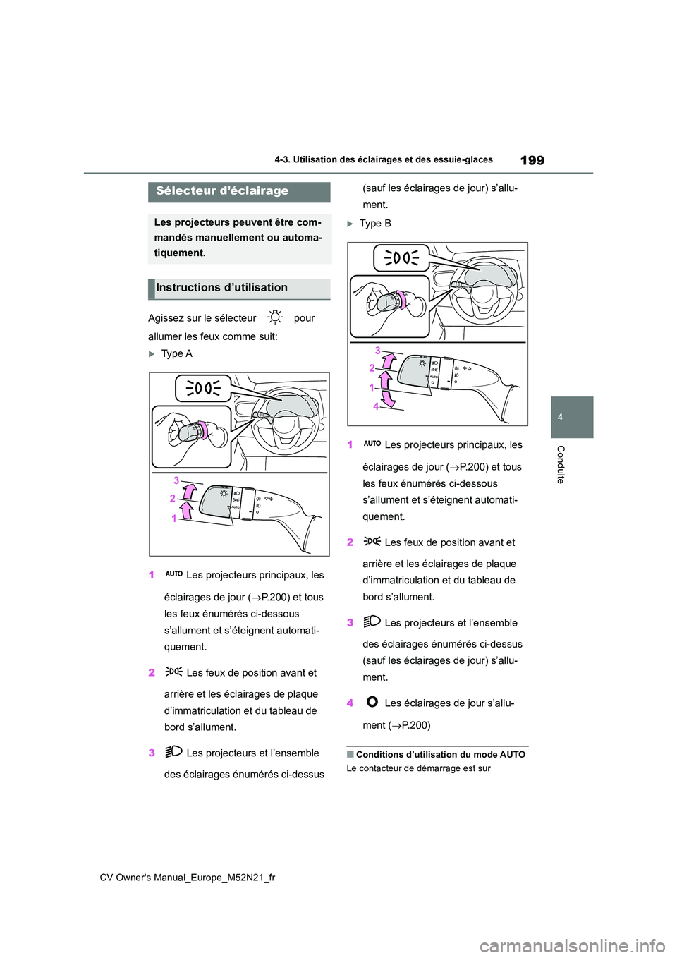 TOYOTA YARIS CROSS 2022  Manuel du propriétaire (in French) 199
4
CV Owner's Manual_Europe_M52N21_fr
4-3. Utilisation des éclairages et des essuie-glaces
Conduite
4-3.Utilisation des éclairages et des essuie-glaces
Agissez sur le sélecteur   pour  
allu