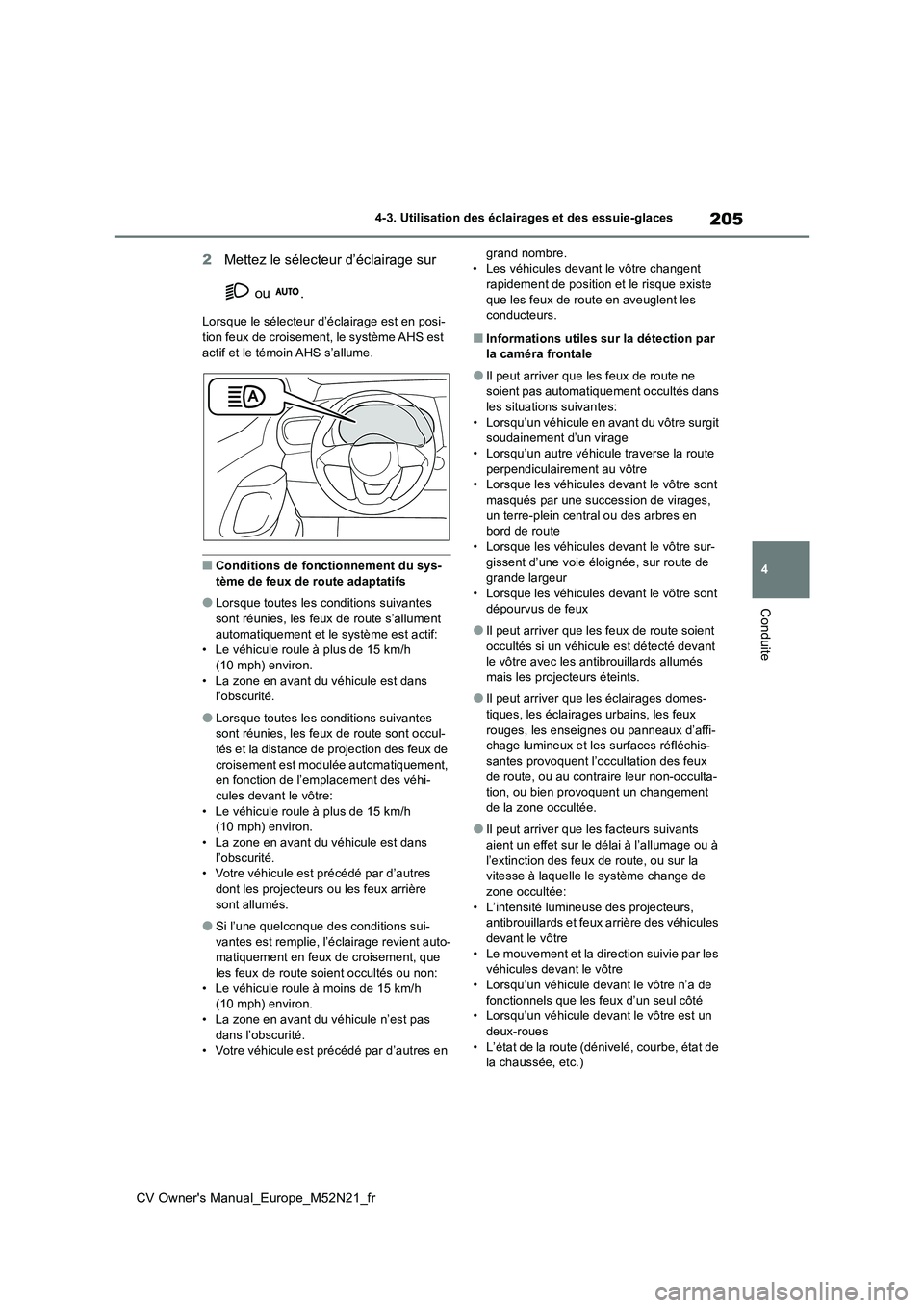 TOYOTA YARIS CROSS 2022  Manuel du propriétaire (in French) 205
4
CV Owner's Manual_Europe_M52N21_fr
4-3. Utilisation des éclairages et des essuie-glaces
Conduite
2Mettez le sélecteur d’éclairage sur  
 ou  .
Lorsque le sélecteur d’éclairage est e