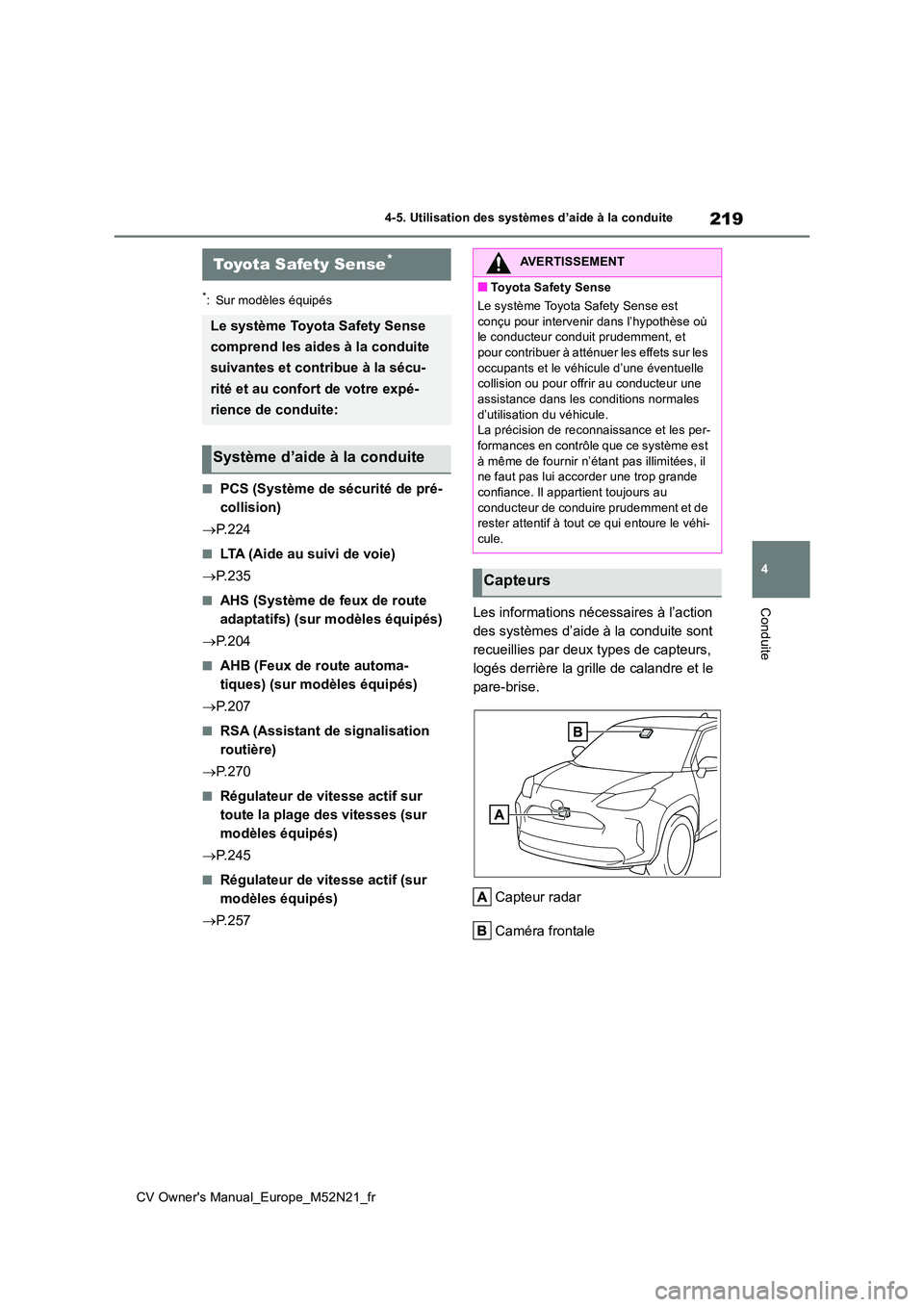 TOYOTA YARIS CROSS 2022  Manuel du propriétaire (in French) 219
4
CV Owner's Manual_Europe_M52N21_fr
4-5. Utilisation des systèmes d’aide à la conduite
Conduite
4-5.Utilis ation des  s ystèmes d’aide à la con duite
*: Sur modèles équipés
■PCS 