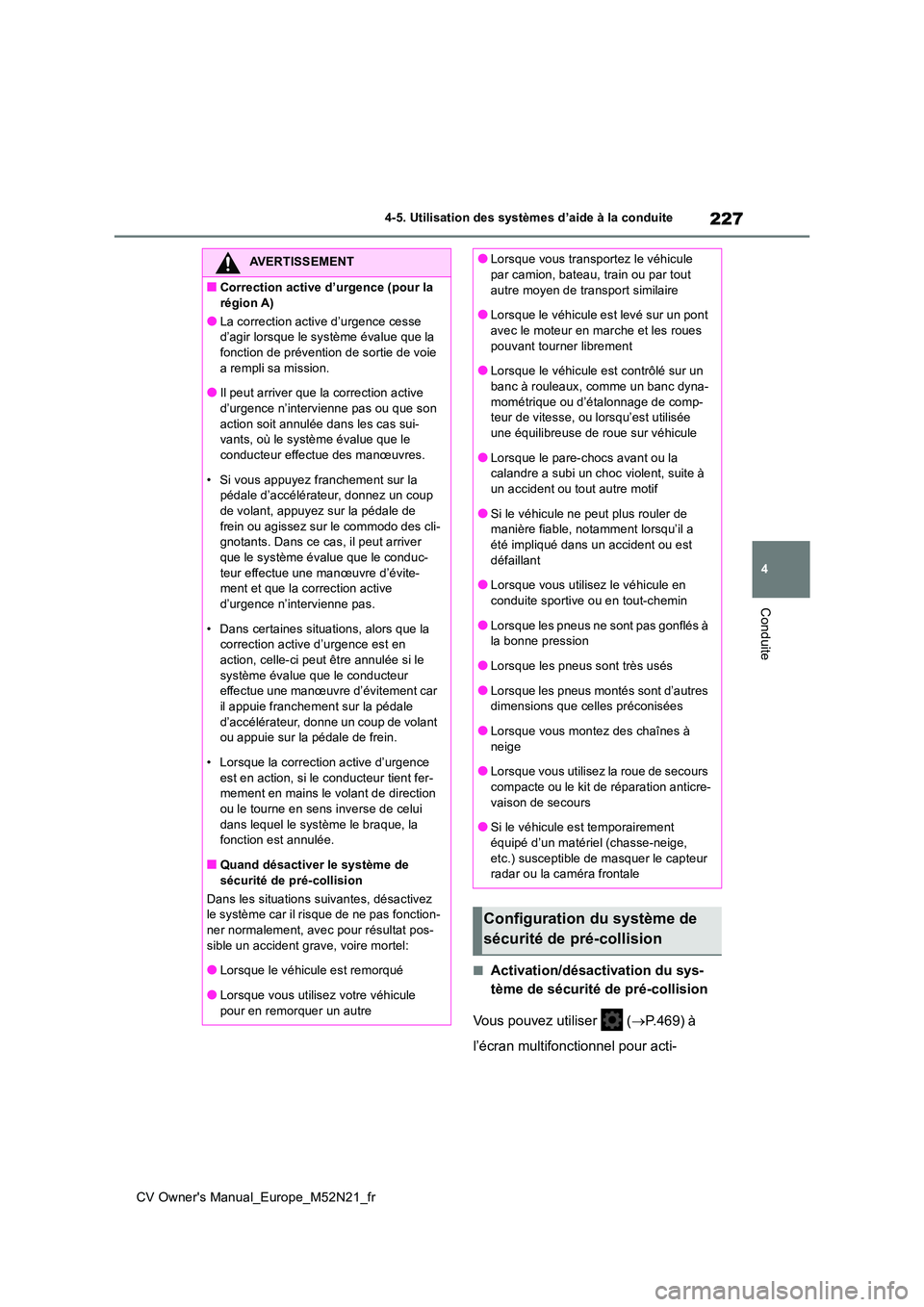 TOYOTA YARIS CROSS 2022  Manuel du propriétaire (in French) 227
4
CV Owner's Manual_Europe_M52N21_fr
4-5. Utilisation des systèmes d’aide à la conduite
Conduite
■Activation/désactivation du sys- 
tème de sécurité de pré-collision 
Vous pouvez ut