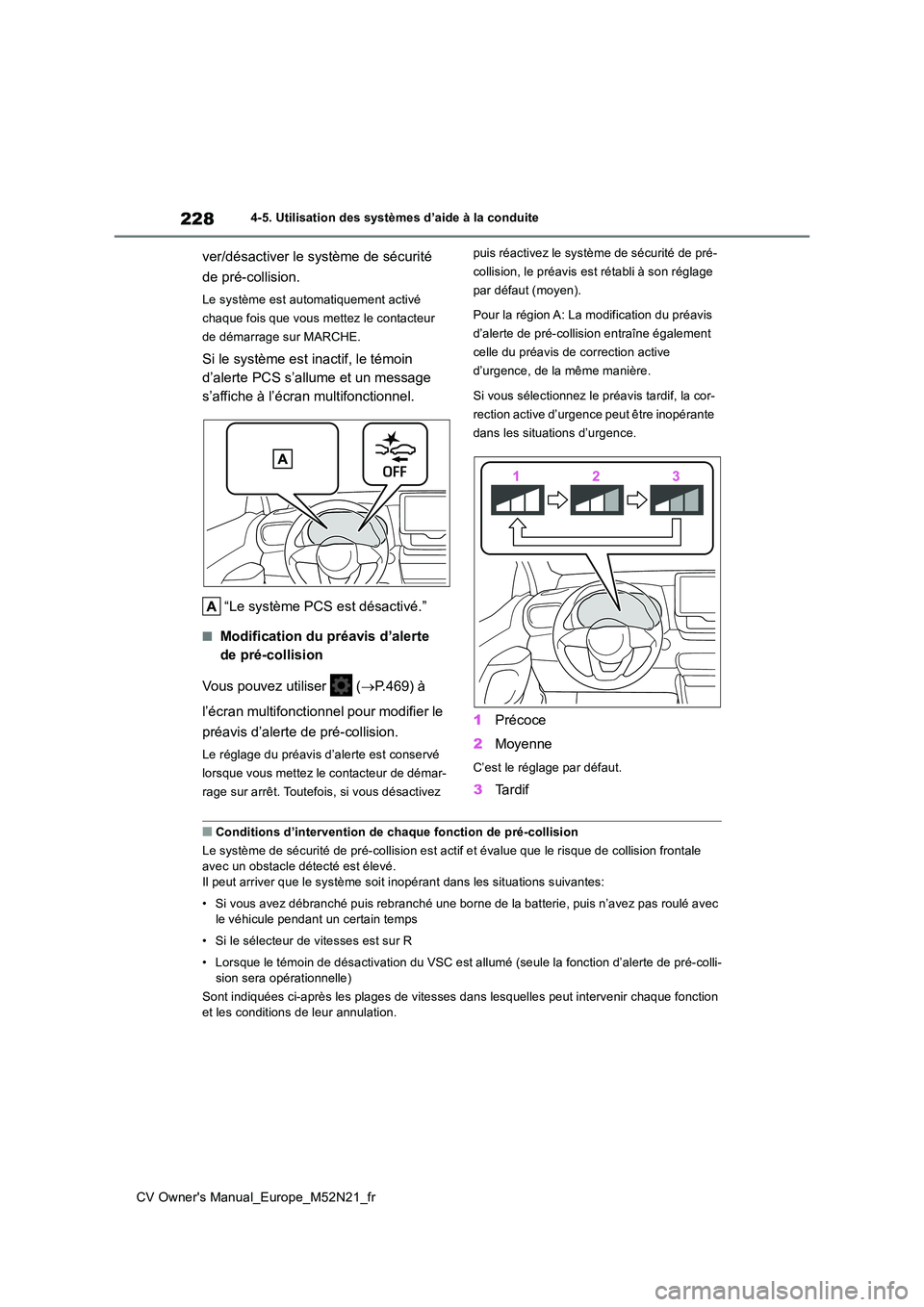 TOYOTA YARIS CROSS 2022  Manuel du propriétaire (in French) 228
CV Owner's Manual_Europe_M52N21_fr
4-5. Utilisation des systèmes d’aide à la conduite
ver/désactiver le système de sécurité  
de pré-collision.
Le système est automatiquement activé