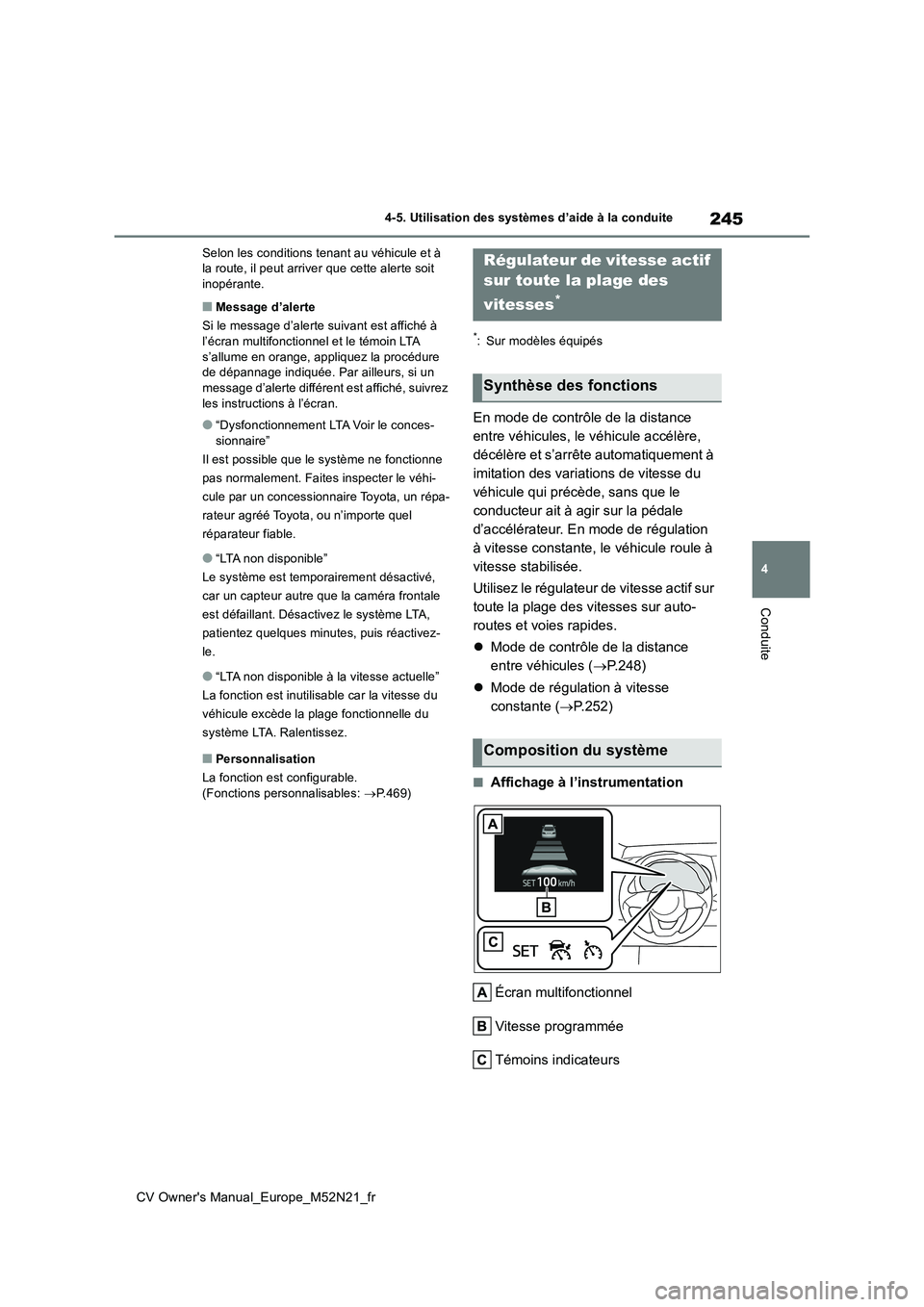 TOYOTA YARIS CROSS 2022 Manuel du propriétaire (in French) 245
4
CV Owner's Manual_Europe_M52N21_fr
4-5. Utilisation des systèmes d’aide à la conduite
Conduite
Selon les conditions tenant au véhicule et à la route, il peut arriver que cette alerte TOYOTA YARIS CROSS 2022 Manuel du propriétaire (in French) 245
4
CV Owner's Manual_Europe_M52N21_fr
4-5. Utilisation des systèmes d’aide à la conduite
Conduite
Selon les conditions tenant au véhicule et à la route, il peut arriver que cette alerte