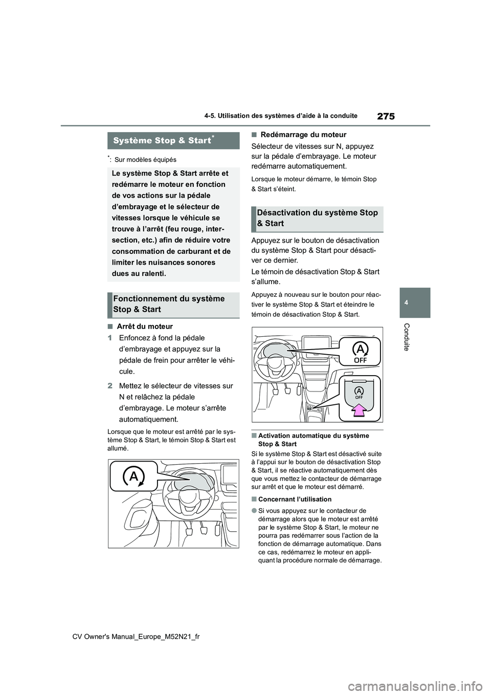 TOYOTA YARIS CROSS 2022  Manuel du propriétaire (in French) 275
4
CV Owner's Manual_Europe_M52N21_fr
4-5. Utilisation des systèmes d’aide à la conduite
Conduite
*: Sur modèles équipés
■Arrêt du moteur 
1 Enfoncez à fond la pédale  
d’embrayag
