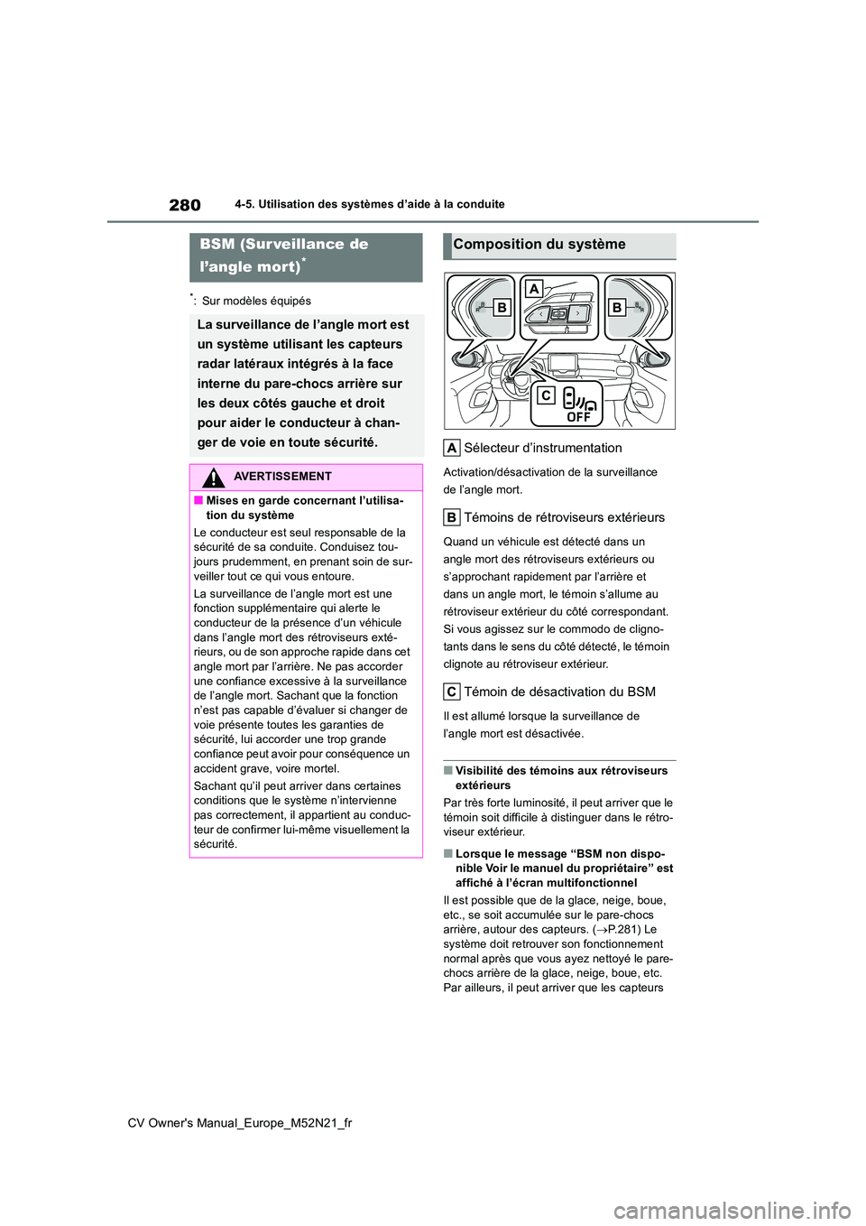 TOYOTA YARIS CROSS 2022 Manuel du propriétaire (in French) 280
CV Owner's Manual_Europe_M52N21_fr
4-5. Utilisation des systèmes d’aide à la conduite
*: Sur modèles équipés
Sélecteur d’instrumentation
Activation/désactivation de la surveillance TOYOTA YARIS CROSS 2022 Manuel du propriétaire (in French) 280
CV Owner's Manual_Europe_M52N21_fr
4-5. Utilisation des systèmes d’aide à la conduite
*: Sur modèles équipés
Sélecteur d’instrumentation
Activation/désactivation de la surveillance