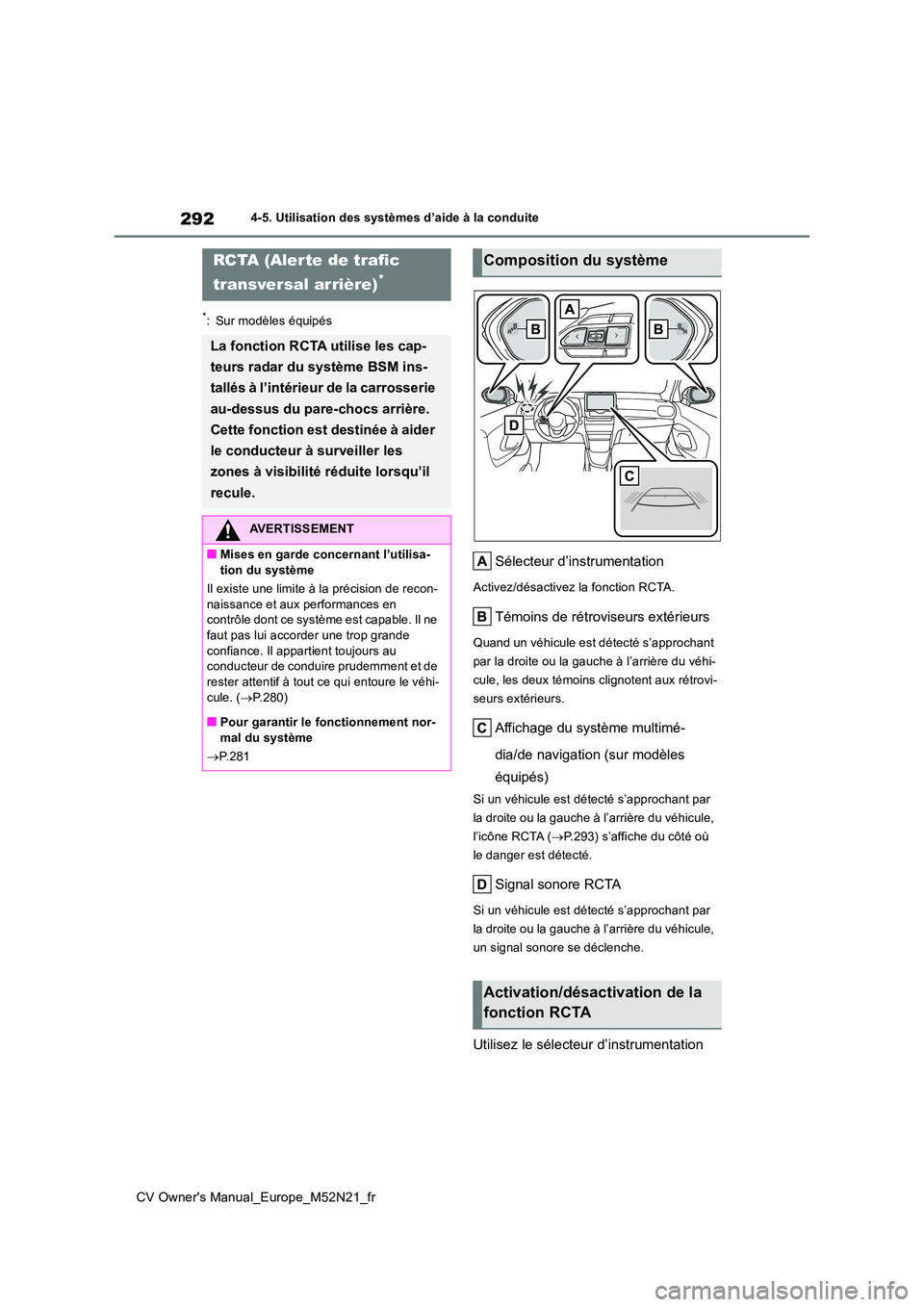 TOYOTA YARIS CROSS 2022 Manuel du propriétaire (in French) 292
CV Owner's Manual_Europe_M52N21_fr
4-5. Utilisation des systèmes d’aide à la conduite
*: Sur modèles équipés
Sélecteur d’instrumentation
Activez/désactivez la fonction RCTA.
Témoin TOYOTA YARIS CROSS 2022 Manuel du propriétaire (in French) 292
CV Owner's Manual_Europe_M52N21_fr
4-5. Utilisation des systèmes d’aide à la conduite
*: Sur modèles équipés
Sélecteur d’instrumentation
Activez/désactivez la fonction RCTA.
Témoin