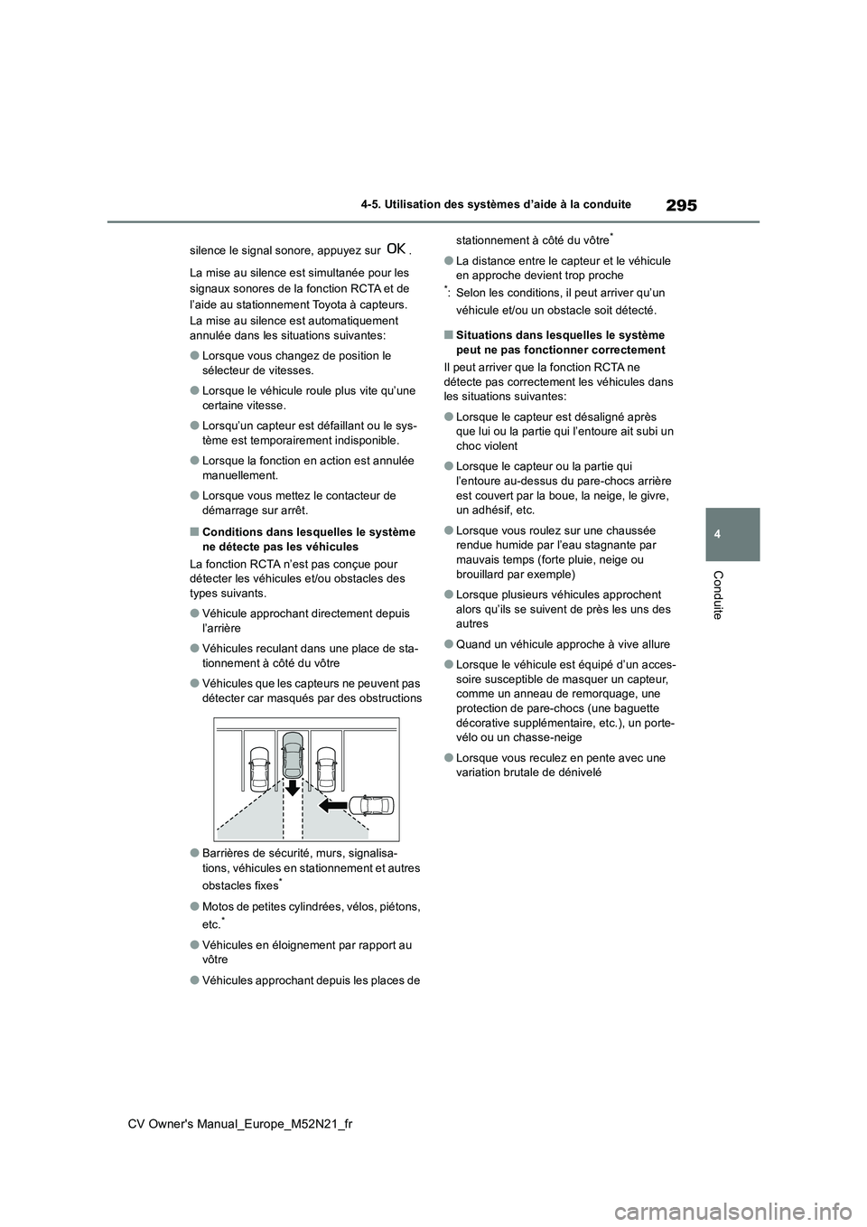 TOYOTA YARIS CROSS 2022 Manuel du propriétaire (in French) 295
4
CV Owner's Manual_Europe_M52N21_fr
4-5. Utilisation des systèmes d’aide à la conduite
Conduite
silence le signal sonore, appuyez sur .
La mise au silence est simultanée pour les
si TOYOTA YARIS CROSS 2022 Manuel du propriétaire (in French) 295
4
CV Owner's Manual_Europe_M52N21_fr
4-5. Utilisation des systèmes d’aide à la conduite
Conduite
silence le signal sonore, appuyez sur .
La mise au silence est simultanée pour les
si