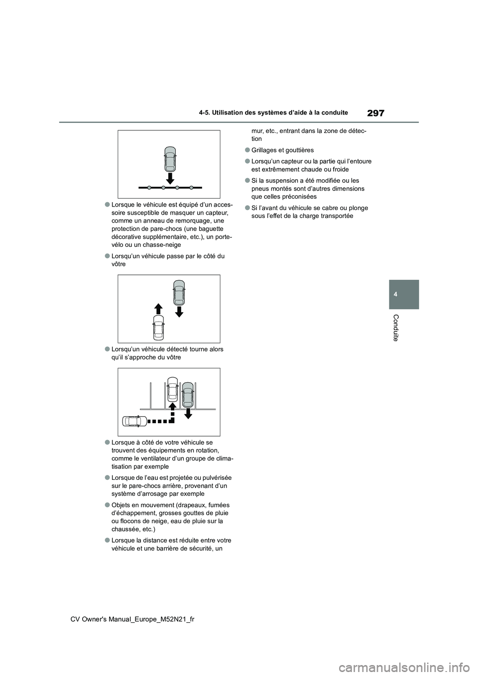 TOYOTA YARIS CROSS 2022  Manuel du propriétaire (in French) 297
4
CV Owner's Manual_Europe_M52N21_fr
4-5. Utilisation des systèmes d’aide à la conduite
Conduite
●Lorsque le véhicule est équipé d’un acces- soire susceptible de masquer un capteur,