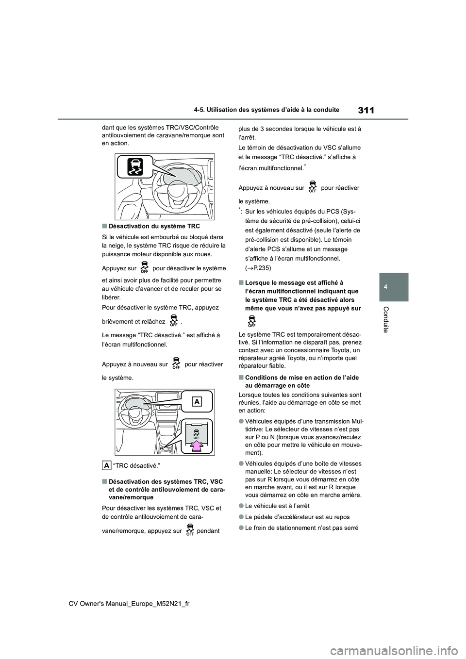 TOYOTA YARIS CROSS 2022  Manuel du propriétaire (in French) 311
4
CV Owner's Manual_Europe_M52N21_fr
4-5. Utilisation des systèmes d’aide à la conduite
Conduite
dant que les systèmes TRC/VSC/Contrôle  antilouvoiement de caravane/remorque sont en acti