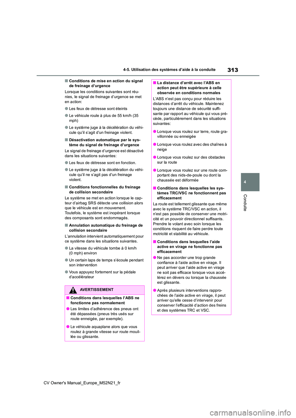 TOYOTA YARIS CROSS 2022  Manuel du propriétaire (in French) 313
4
CV Owner's Manual_Europe_M52N21_fr
4-5. Utilisation des systèmes d’aide à la conduite
Conduite
■Conditions de mise en action du signal  de freinage d’urgence 
Lorsque les conditions 