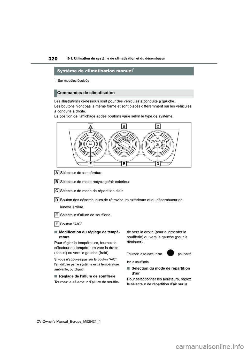 TOYOTA YARIS CROSS 2022 Manuel du propriétaire (in French) 320
CV Owner's Manual_Europe_M52N21_fr
5-1. Utilisation du système de climatisation et du désembueur
5-1.Utilis ation du sys tè me de c limatisa tion et du dé sembue ur
*: Sur modèles équ TOYOTA YARIS CROSS 2022 Manuel du propriétaire (in French) 320
CV Owner's Manual_Europe_M52N21_fr
5-1. Utilisation du système de climatisation et du désembueur
5-1.Utilis ation du sys tè me de c limatisa tion et du dé sembue ur
*: Sur modèles équ