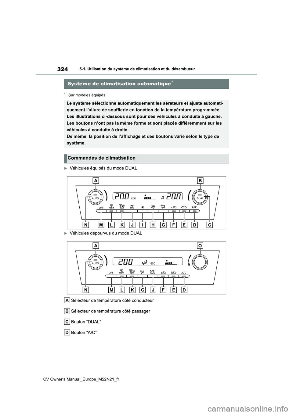 TOYOTA YARIS CROSS 2022 Manuel du propriétaire (in French) 324
CV Owner's Manual_Europe_M52N21_fr
5-1. Utilisation du système de climatisation et du désembueur
*: Sur modèles équipés
Véhicules équipés du mode DUAL
Véhicules dépourvus du mo TOYOTA YARIS CROSS 2022 Manuel du propriétaire (in French) 324
CV Owner's Manual_Europe_M52N21_fr
5-1. Utilisation du système de climatisation et du désembueur
*: Sur modèles équipés
Véhicules équipés du mode DUAL
Véhicules dépourvus du mo