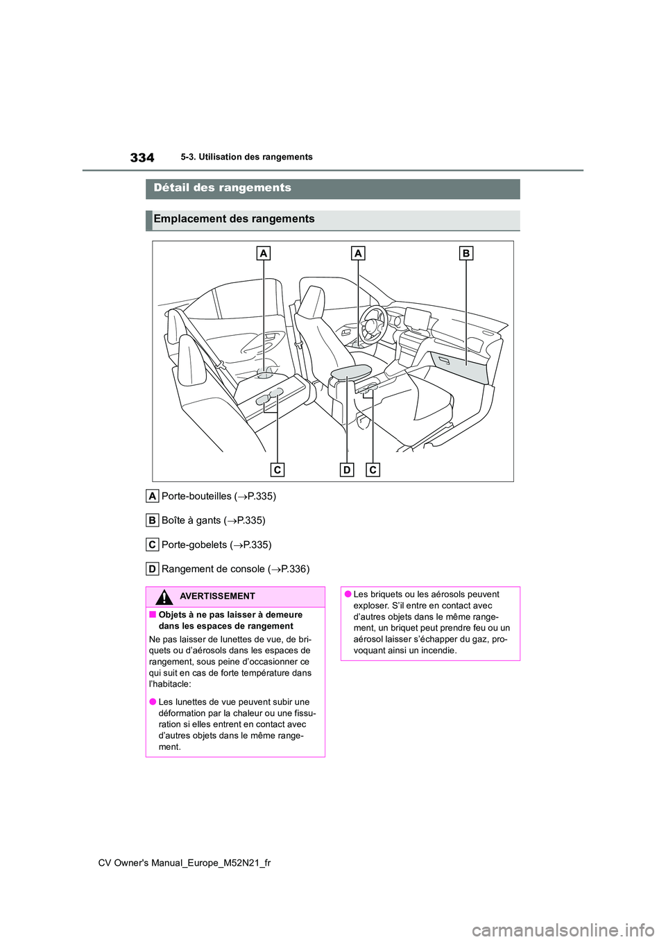 TOYOTA YARIS CROSS 2022 Manuel du propriétaire (in French) 334
CV Owner's Manual_Europe_M52N21_fr
5-3. Utilisation des rangements
5-3.Utilis ation des range me nts
Porte-bouteilles (P.335)
Boîte à gants ( P.335)
Porte-gobelets ( P.335)
Rang TOYOTA YARIS CROSS 2022 Manuel du propriétaire (in French) 334
CV Owner's Manual_Europe_M52N21_fr
5-3. Utilisation des rangements
5-3.Utilis ation des range me nts
Porte-bouteilles (P.335)
Boîte à gants ( P.335)
Porte-gobelets ( P.335)
Rang