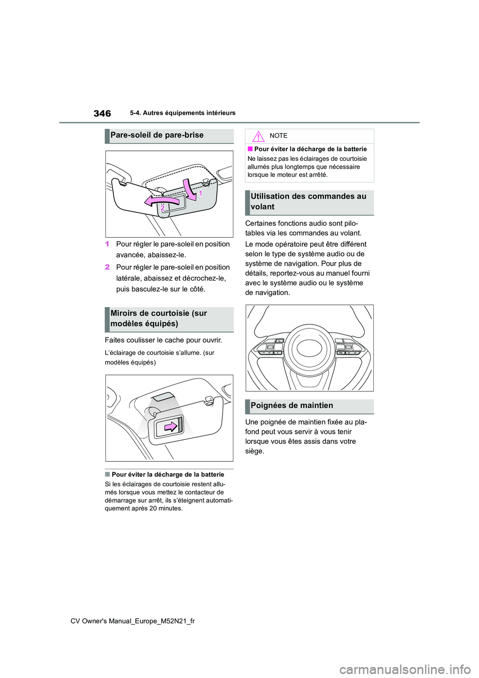 TOYOTA YARIS CROSS 2022 Manuel du propriétaire (in French) 346
CV Owner's Manual_Europe_M52N21_fr
5-4. Autres équipements intérieurs
1Pour régler le pare-soleil en position
avancée, abaissez-le.
2 Pour régler le pare-soleil en position
latérale TOYOTA YARIS CROSS 2022 Manuel du propriétaire (in French) 346
CV Owner's Manual_Europe_M52N21_fr
5-4. Autres équipements intérieurs
1Pour régler le pare-soleil en position
avancée, abaissez-le.
2 Pour régler le pare-soleil en position
latérale
