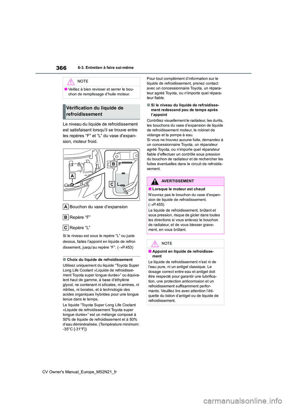 TOYOTA YARIS CROSS 2022  Manuel du propriétaire (in French) 366
CV Owner's Manual_Europe_M52N21_fr
6-3. Entretien à faire soi-même
Le niveau du liquide de refroidissement  
est satisfaisant lorsqu’il se trouve entre 
les repères “F” et “L” du 