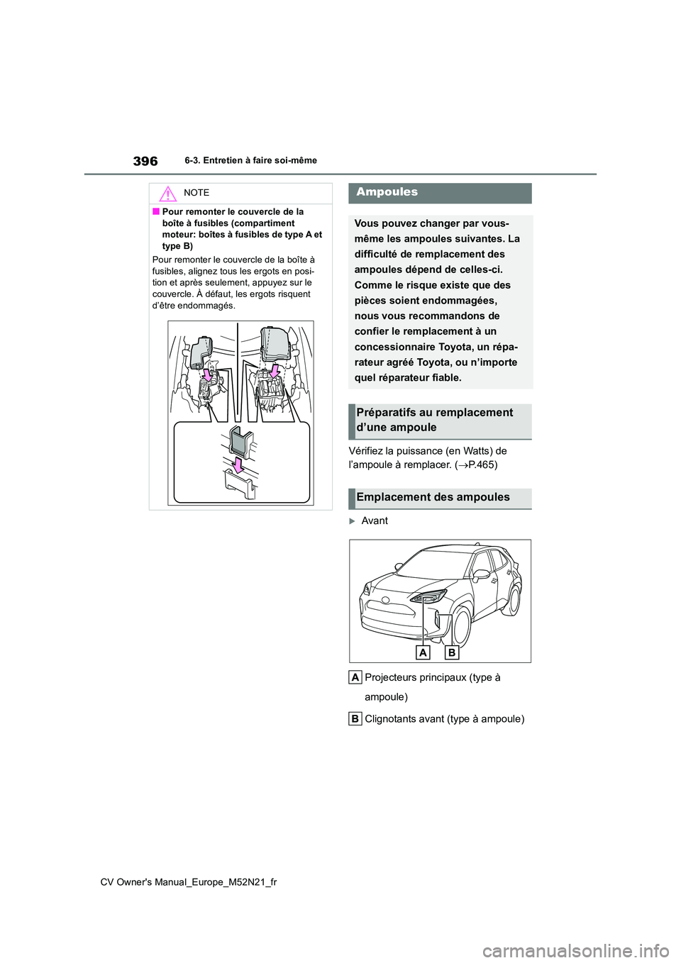 TOYOTA YARIS CROSS 2022  Manuel du propriétaire (in French) 396
CV Owner's Manual_Europe_M52N21_fr
6-3. Entretien à faire soi-même
Vérifiez la puissance (en Watts) de  
l’ampoule à remplacer. ( P.465)
Avant 
Projecteurs principaux (type à  
am