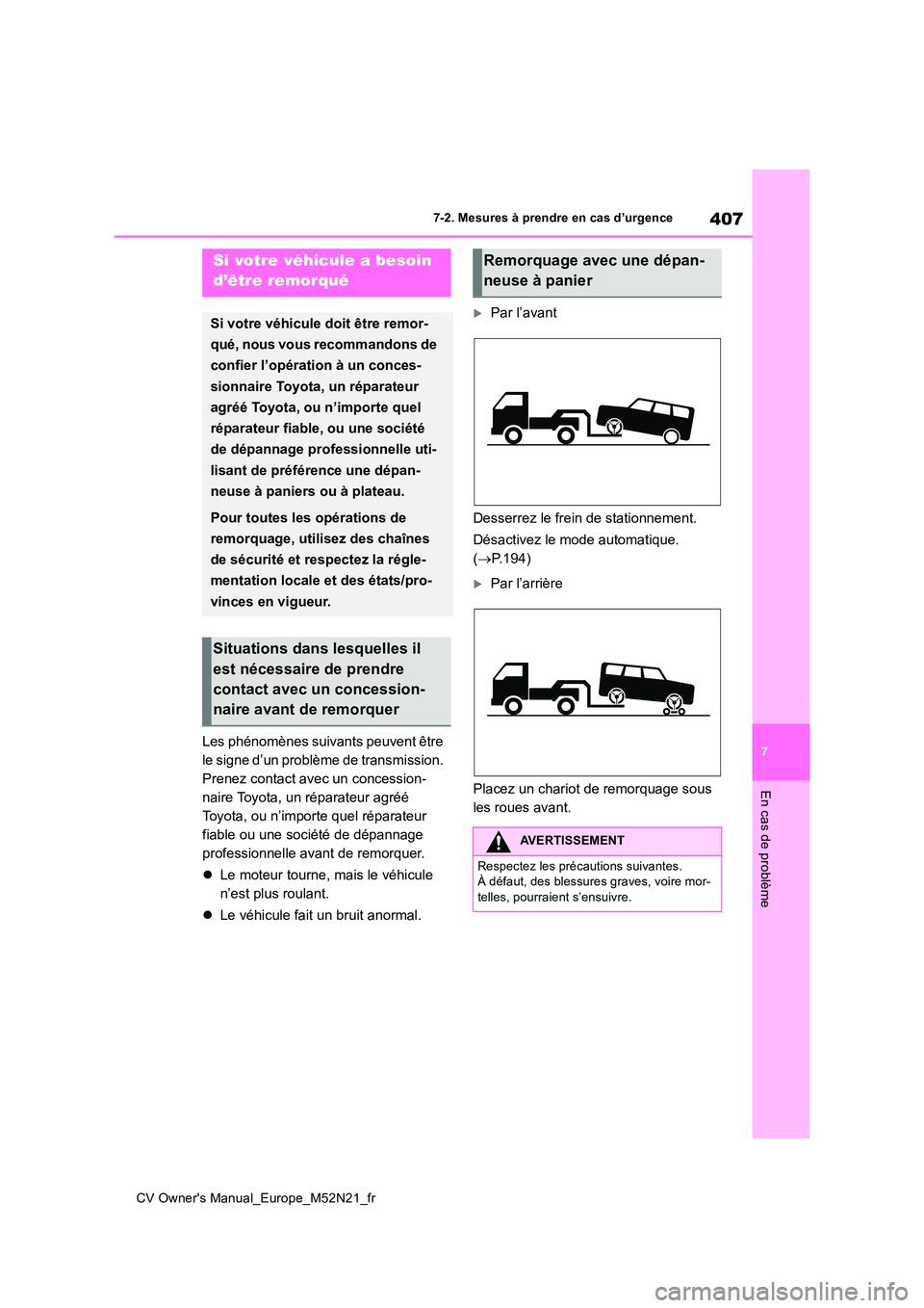 TOYOTA YARIS CROSS 2022  Manuel du propriétaire (in French) 407
7
CV Owner's Manual_Europe_M52N21_fr
7-2. Mesures à prendre en cas d’urgence
En cas de problème
7-2.Mesures à prendre en cas d’urgence
Les phénomènes suivants peuvent être  
le signe