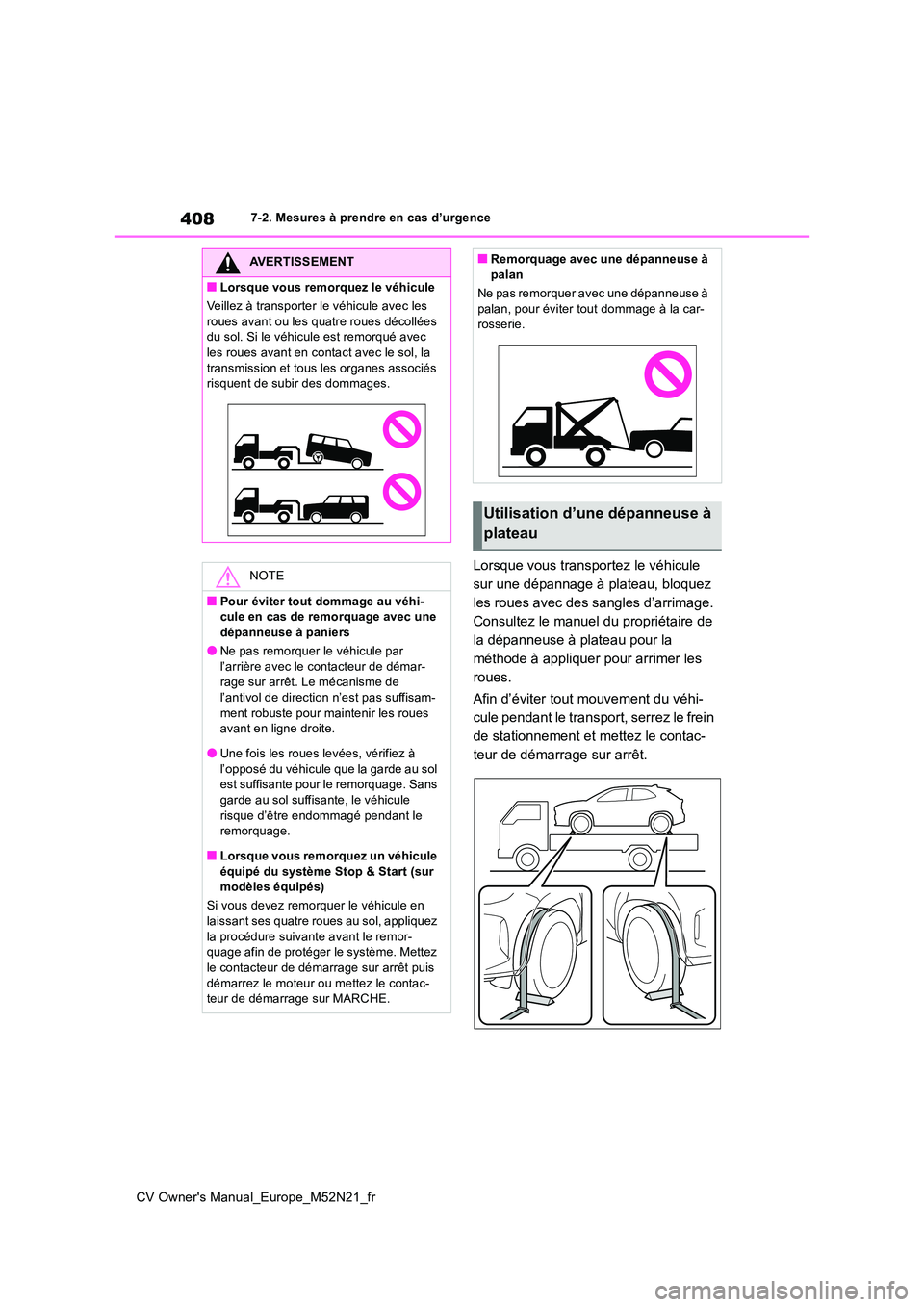 TOYOTA YARIS CROSS 2022  Manuel du propriétaire (in French) 408
CV Owner's Manual_Europe_M52N21_fr
7-2. Mesures à prendre en cas d’urgence
Lorsque vous transportez le véhicule  
sur une dépannage à plateau, bloquez 
les roues avec des sangles d’arr
