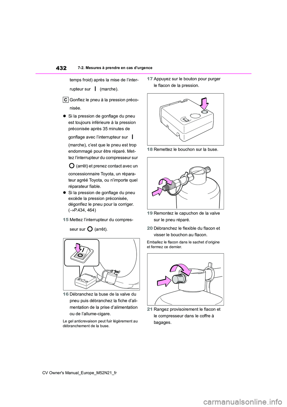 TOYOTA YARIS CROSS 2022  Manuel du propriétaire (in French) 432
CV Owner's Manual_Europe_M52N21_fr
7-2. Mesures à prendre en cas d’urgence
temps froid) après la mise de l’inter- 
rupteur sur   (marche). 
Gonflez le pneu à la pression préco- 
nisée