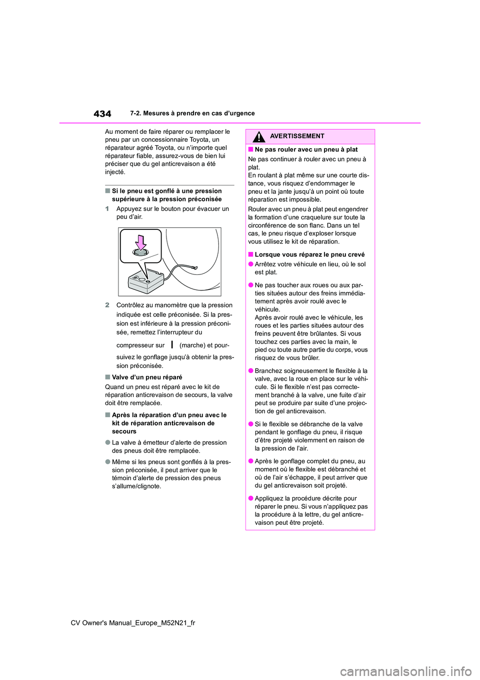 TOYOTA YARIS CROSS 2022  Manuel du propriétaire (in French) 434
CV Owner's Manual_Europe_M52N21_fr
7-2. Mesures à prendre en cas d’urgence 
Au moment de faire réparer ou remplacer le  pneu par un concessionnaire Toyota, un réparateur agréé Toyota, o