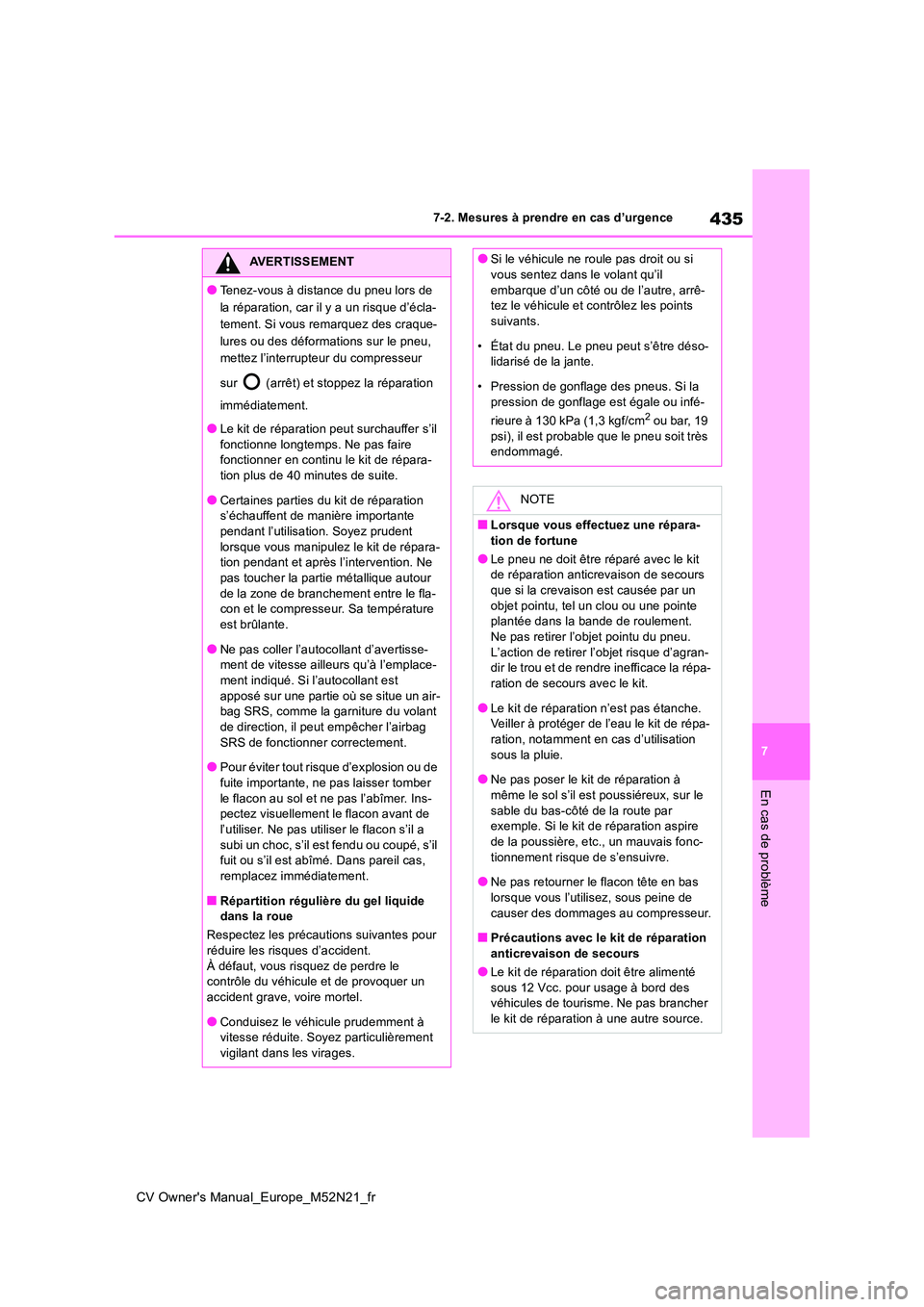 TOYOTA YARIS CROSS 2022  Manuel du propriétaire (in French) 435
7
CV Owner's Manual_Europe_M52N21_fr
7-2. Mesures à prendre en cas d’urgence
En cas de problème
AVERTISSEMENT
●Tenez-vous à distance du pneu lors de  
la réparation, car il y a un risq