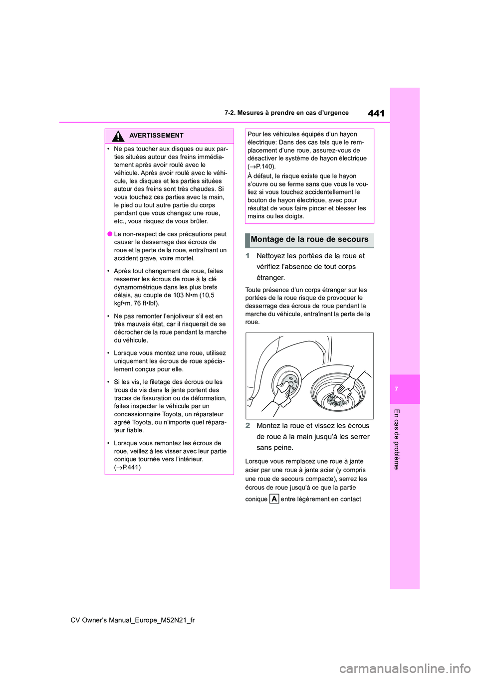 TOYOTA YARIS CROSS 2022  Manuel du propriétaire (in French) 441
7
CV Owner's Manual_Europe_M52N21_fr
7-2. Mesures à prendre en cas d’urgence
En cas de problème
1Nettoyez les portées de la roue et  
vérifiez l’absence de tout corps  
étranger.
Tout